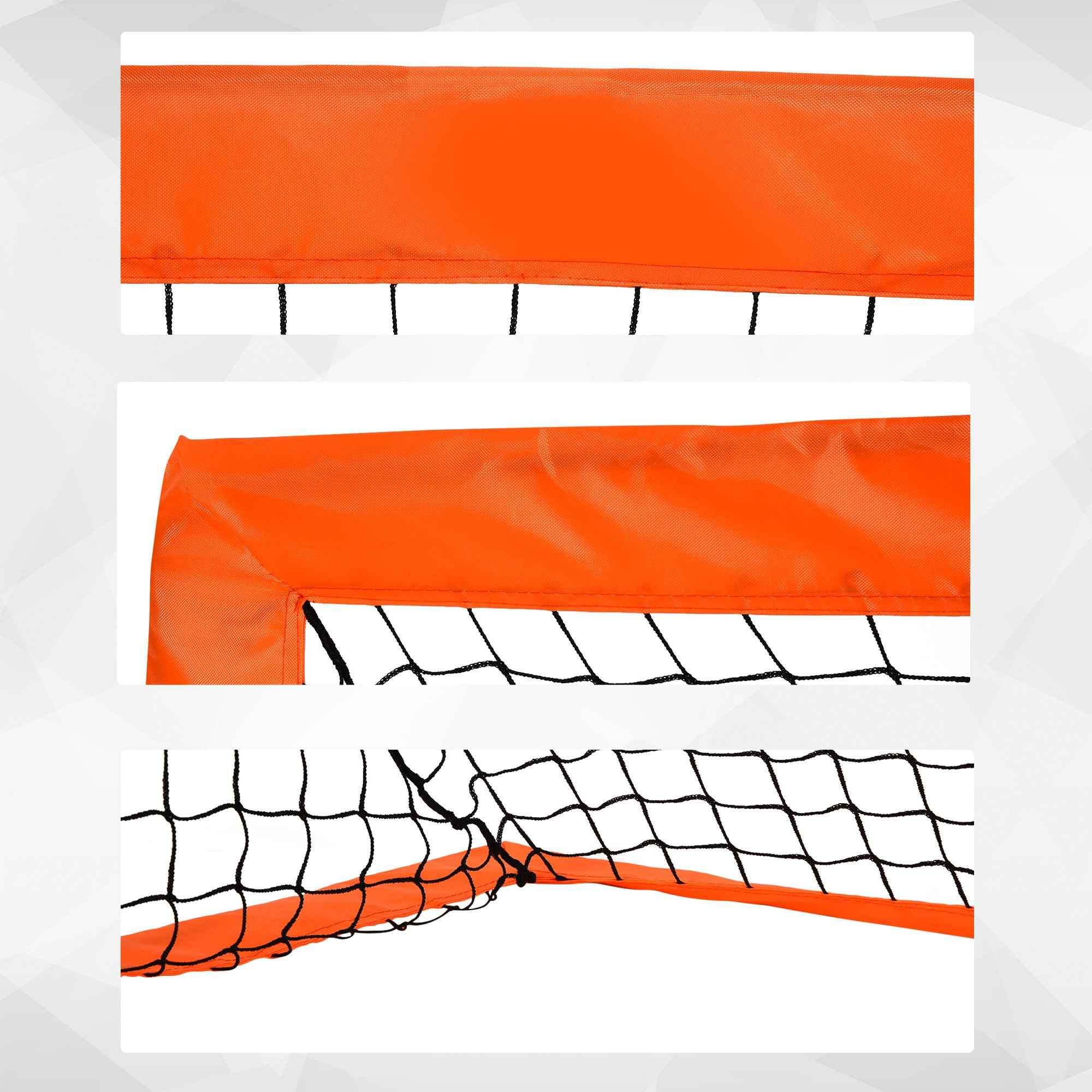Nahaufnahme eines orangefarbenen Fußballtorrahmens mit schwarzem Netz. Drei Bilder werden angezeigt.