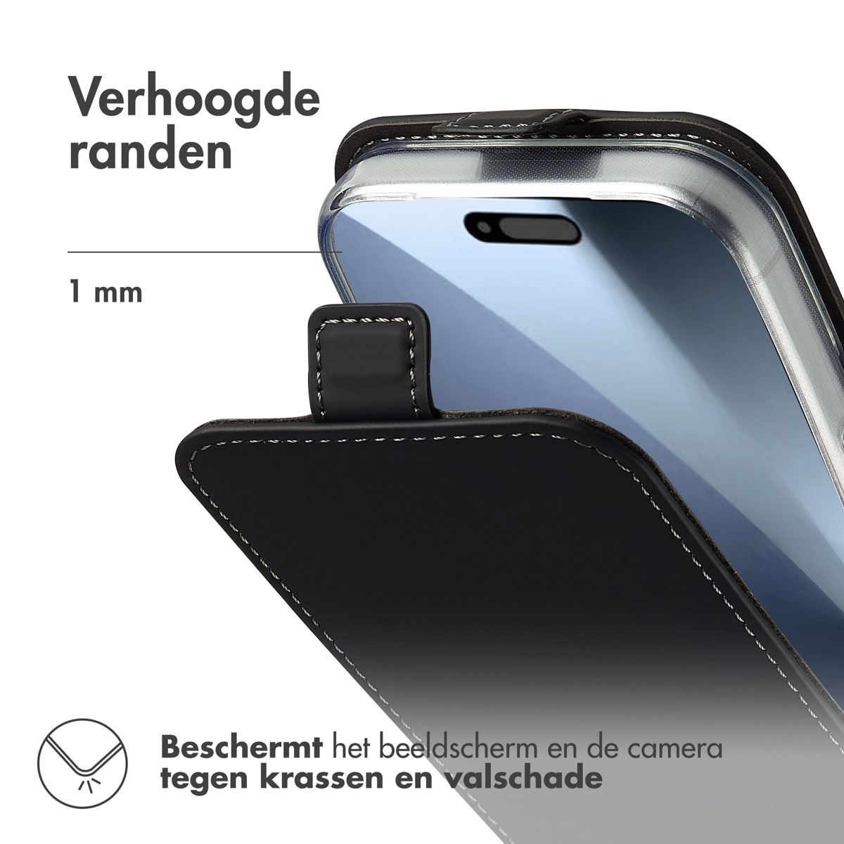 Een close-up van een zwarte telefoonhoes met een open flap, met het telefoonscherm en verhoogde randen.