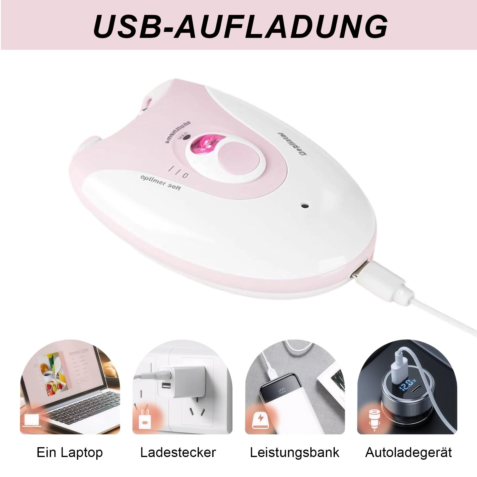 Ein Epilierer wird über ein USB-Kabel aufgeladen. Zubehör umfasst einen Laptop und eine Powerbank.
