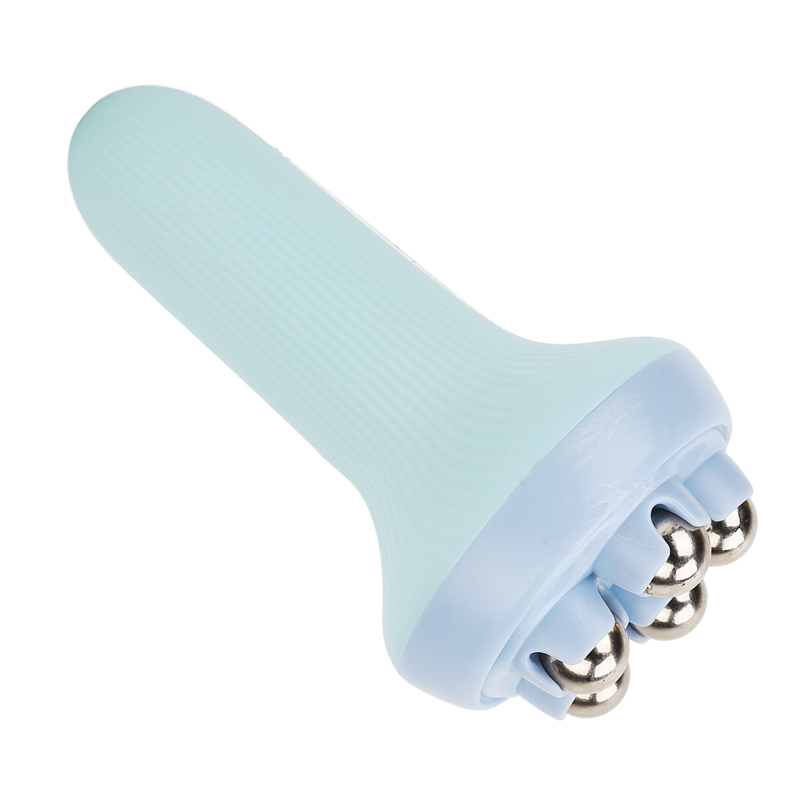 Ein hellblauer Gesichtsmassager mit drei silbernen Kugeln.