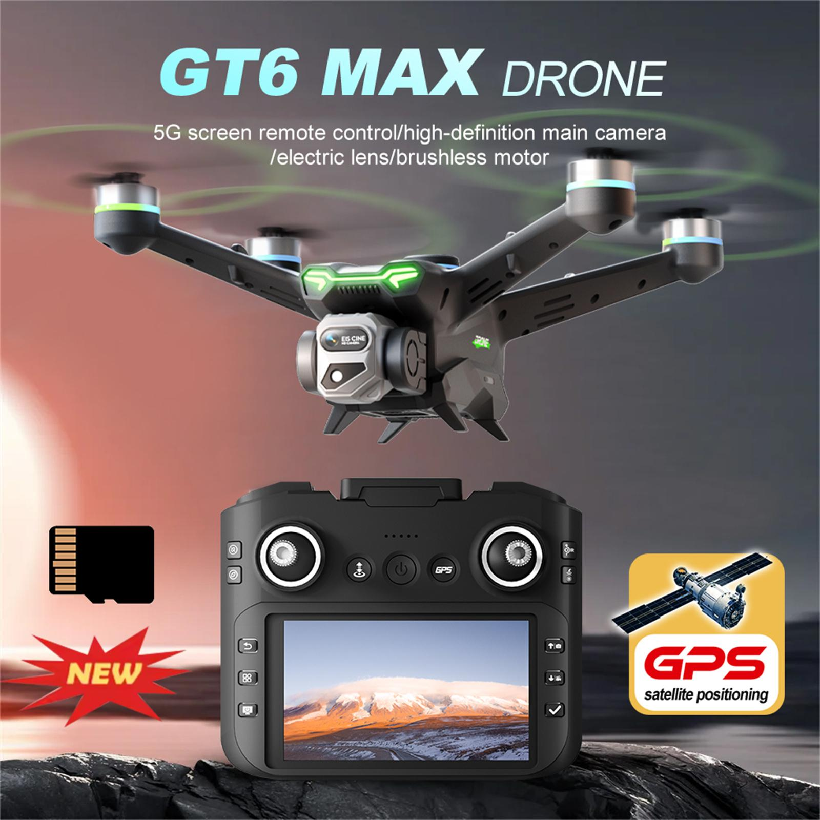 Eine Drohne und ihre Steuerung. Die Drohne hat eine Kamera. Die Steuerung zeigt Informationen. Text: GT6 MAX DRONE.