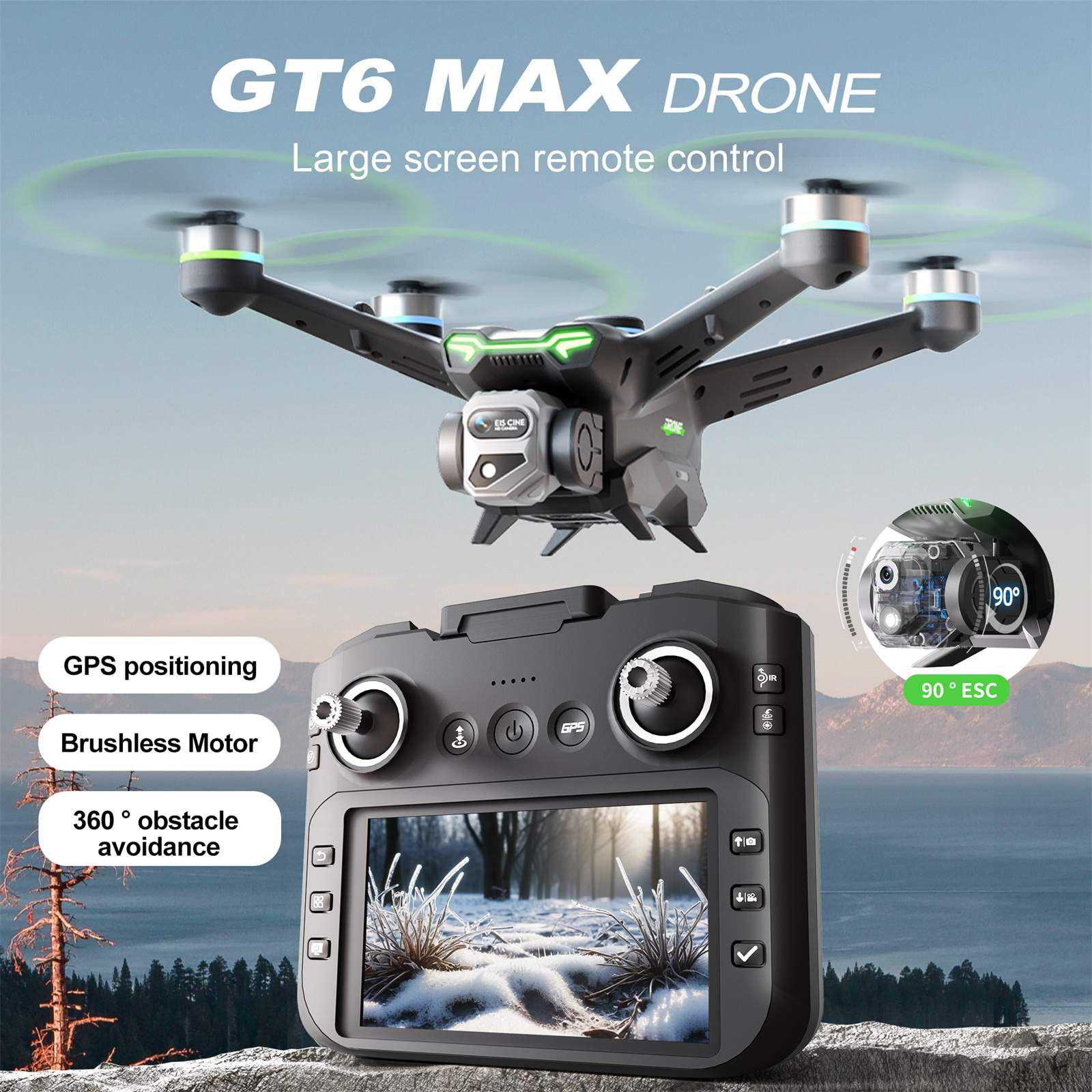 Eine Drohne mit einer Steuerung. Die Steuerung hat einen Bildschirm, der eine Winterlandschaft zeigt. Text: GT6 MAX DRONE.