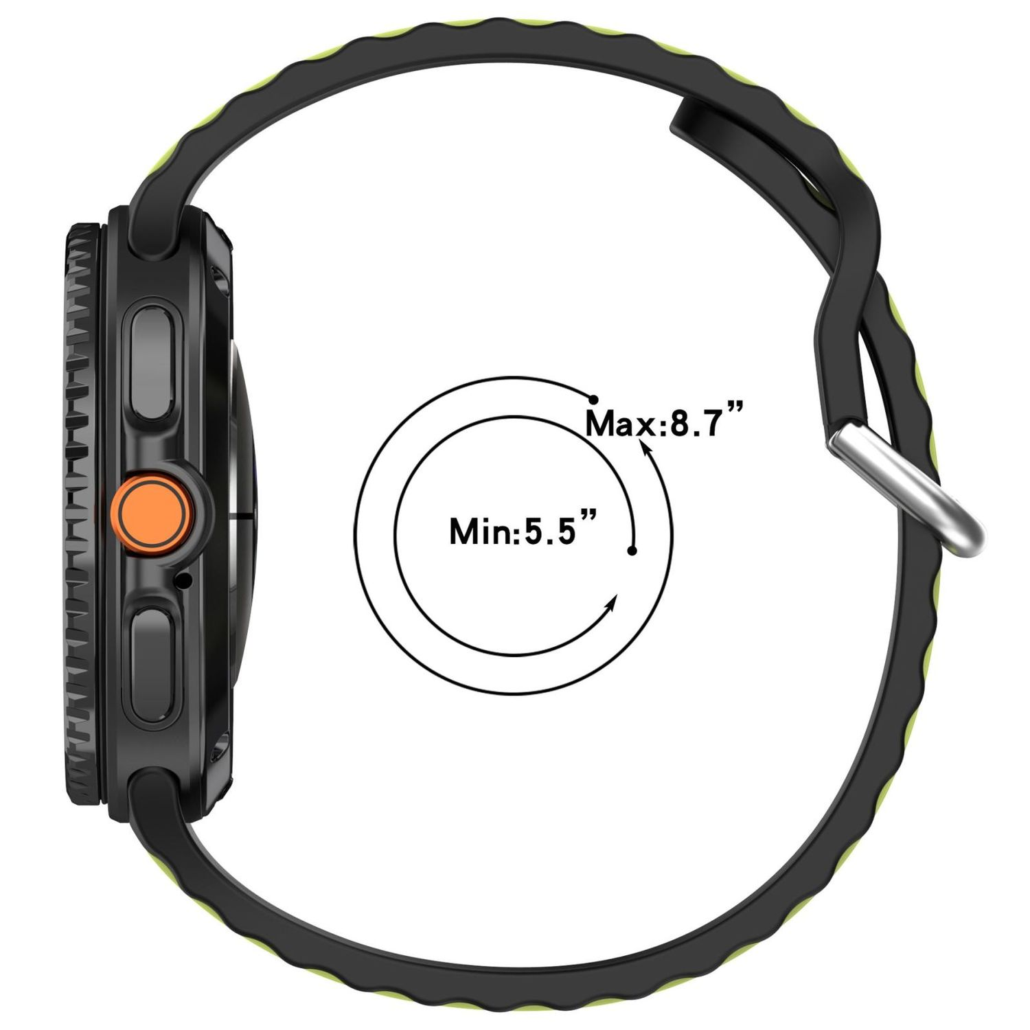 Smartwatch-Seitenansicht. Messungen werden auf dem Armband mit grünem Akzent angezeigt.