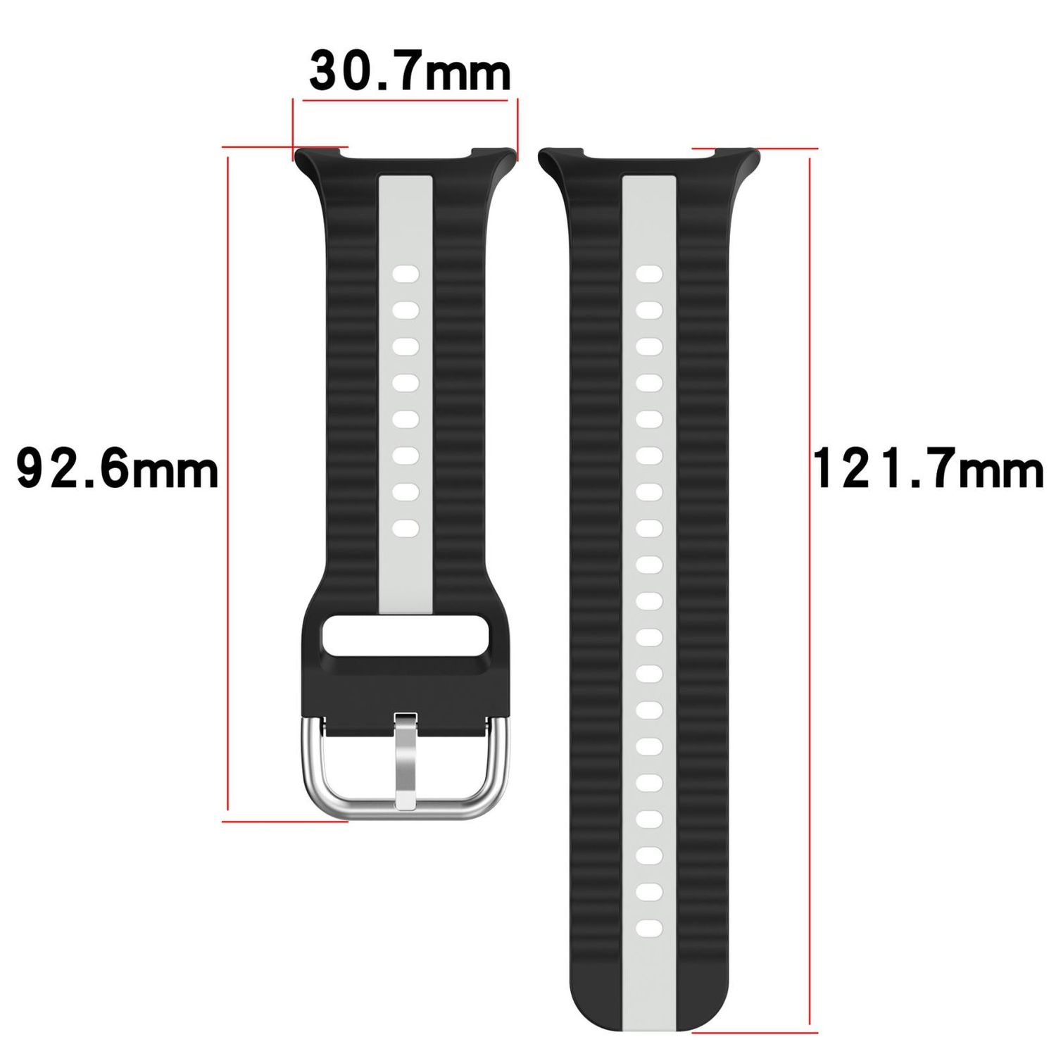 Messungen eines Smartwatch-Armbands in Schwarz und Weiß, die Längen- und Breitenabmessungen in Millimetern angeben.
