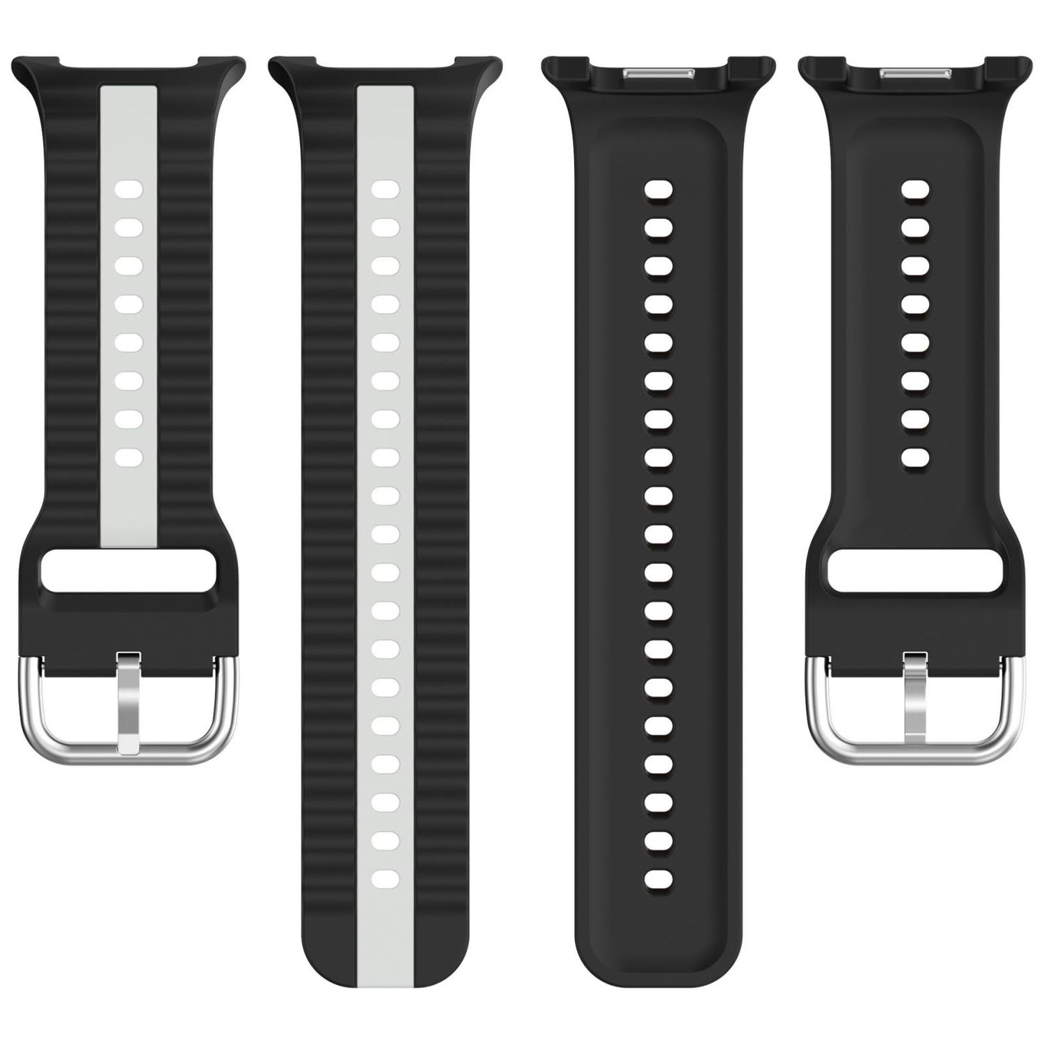 Vier Smartwatch-Armbänder in Schwarz und Weiß, die die Designdetails und die Befestigungsmechanismen zeigen.