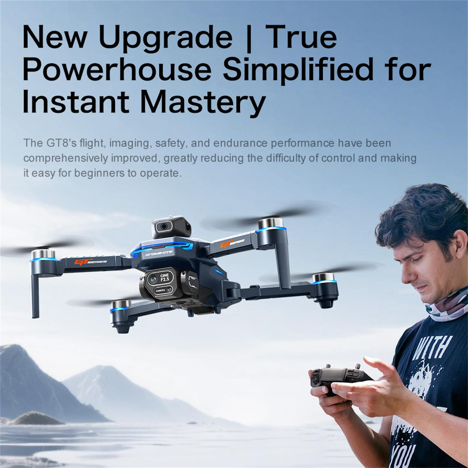 Eine Drohne fliegt, ein Mann hält eine Fernbedienung. Text: New Upgrade | True Powerhouse.
