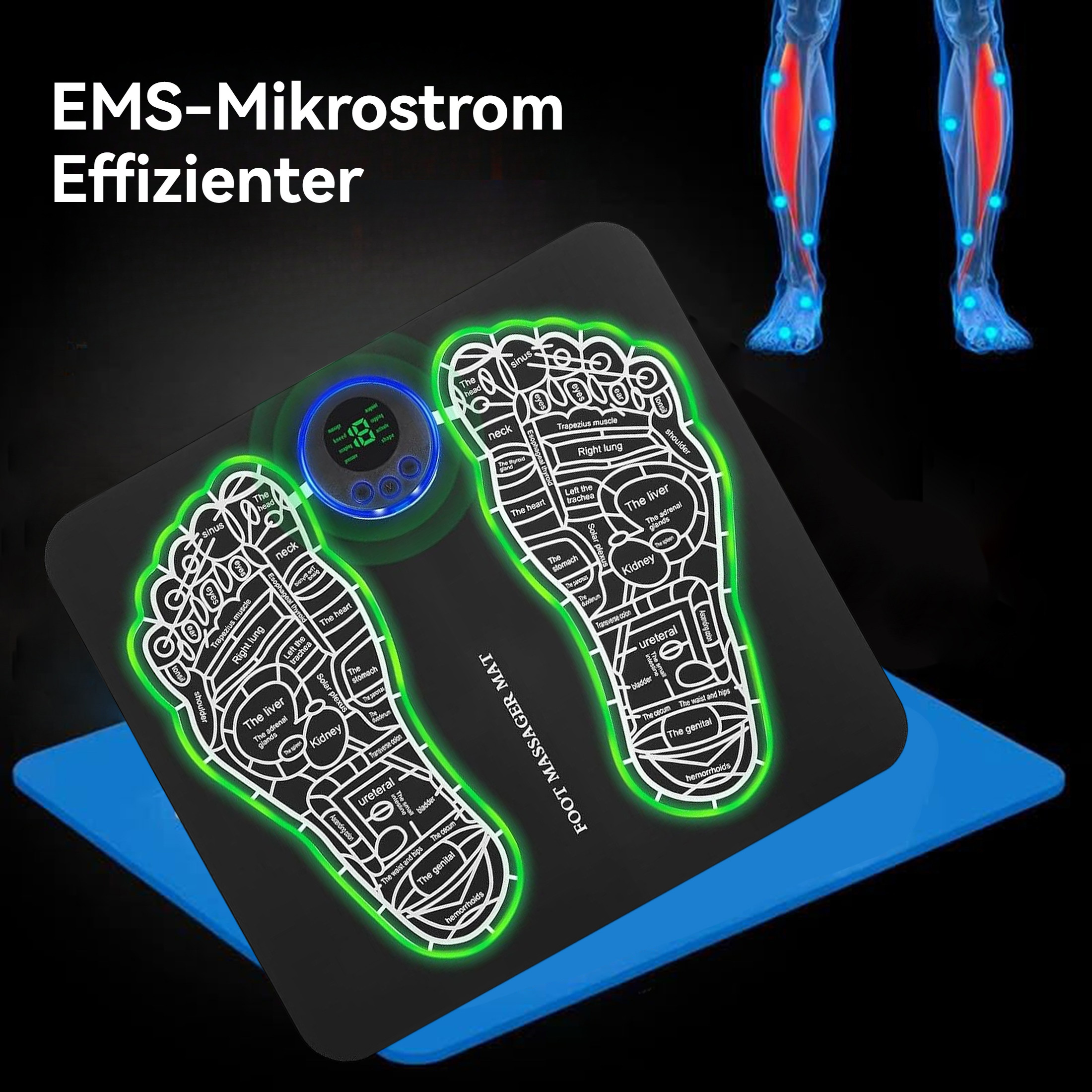 Fußmassage-Matte. Mit blauem Overlay, weißen Fußkonturen und beschrifteten Körperteilen.
