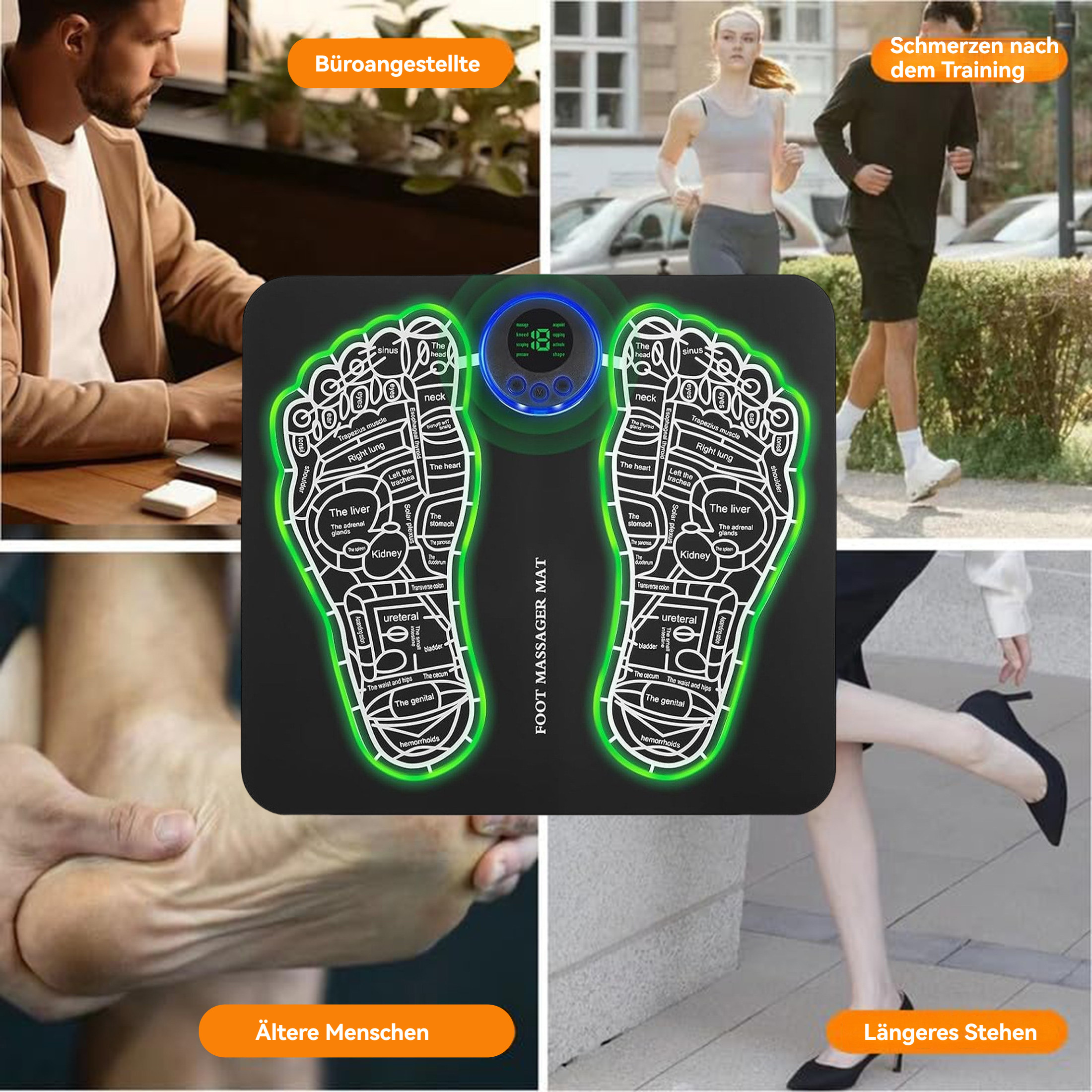 Fußmassage-Matte mit Diagrammen. Menschen im Hintergrund, darunter ein Mann und eine Frau. Das Bild hat ein Gesundheitsthema.