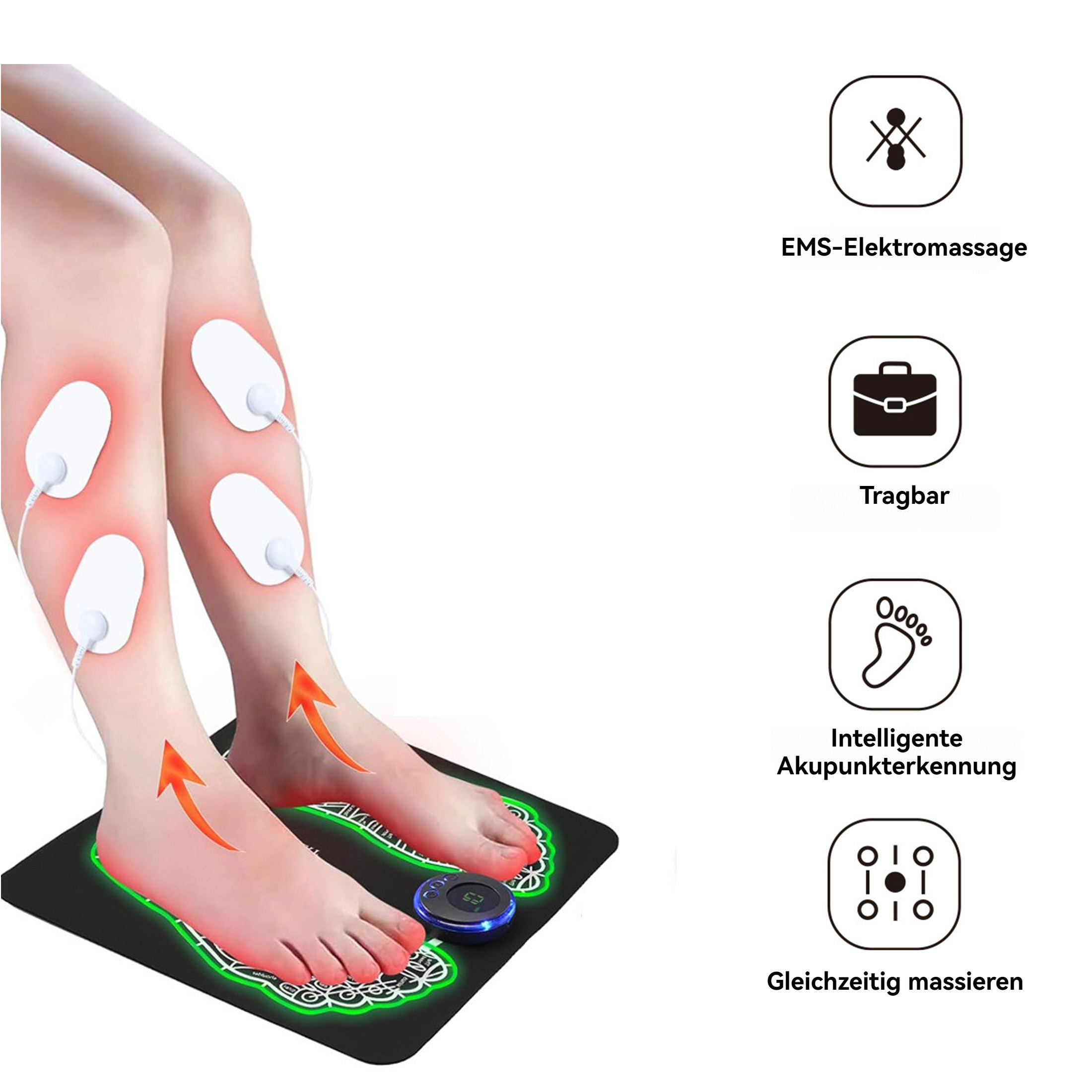 Fußmassagegerät mit Beinen, die rote Bereiche und Pads zeigen. Symbole zeigen Tragbarkeit, Massage und Akupunkturpunkt-Erkennung an.