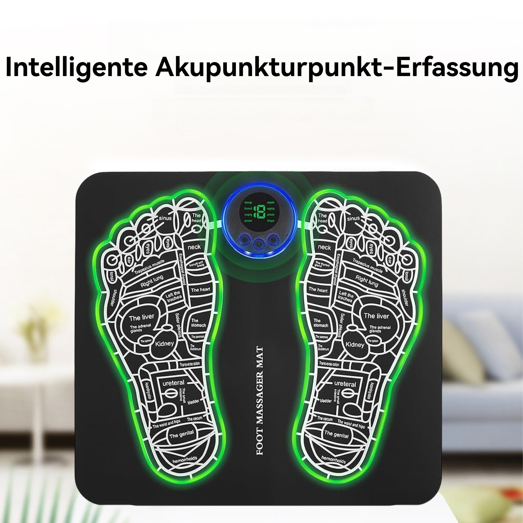 Fußmassage-Matte mit Diagrammen und Beschriftungen. Das Bild zeigt ein Fußmassagegerät mit detaillierten Akupressurpunkten.