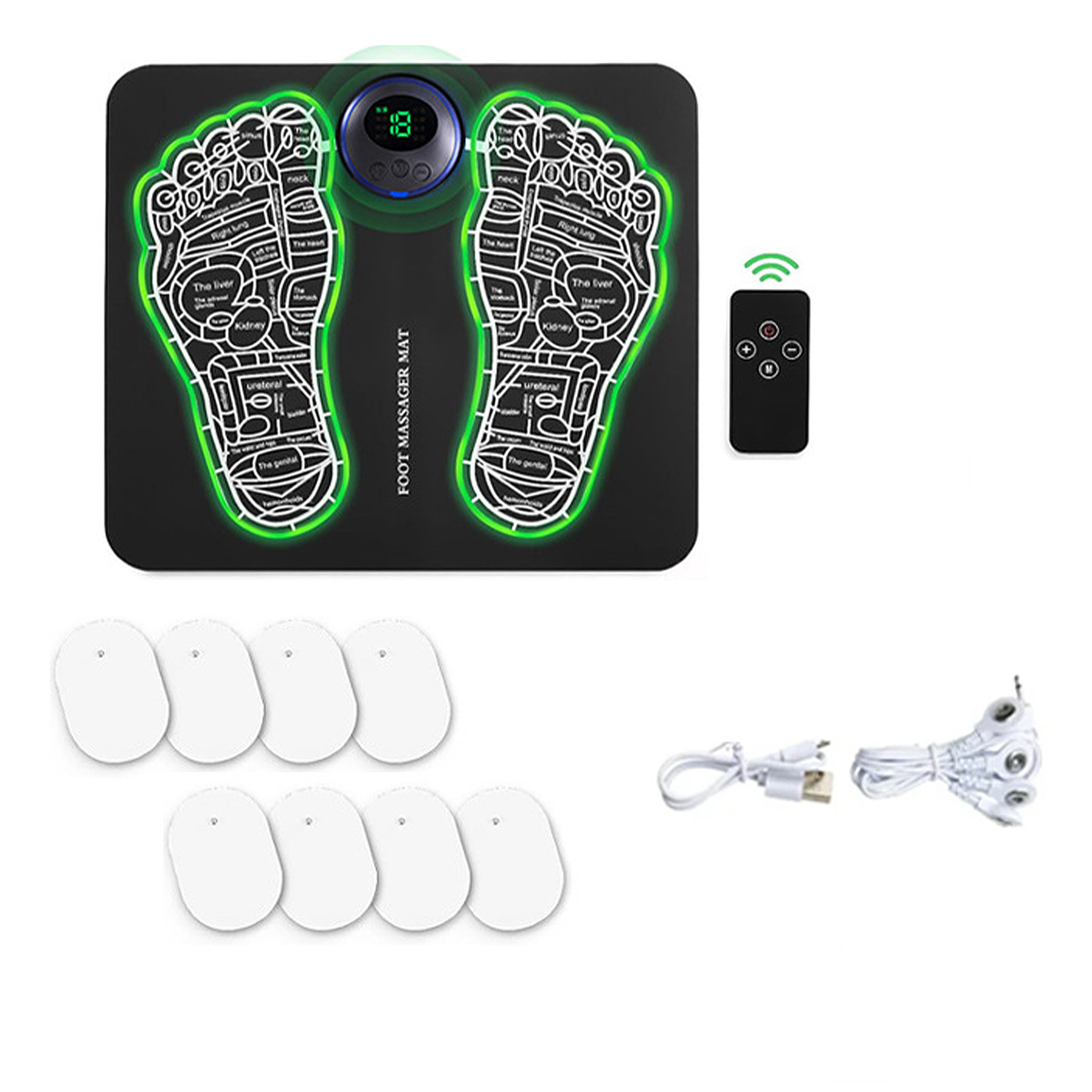 Fußmassagegerät mit grünen Umrissen, Fernbedienung und weißen Pads. Die Matte hat Fußdiagramme und eine Digitalanzeige.