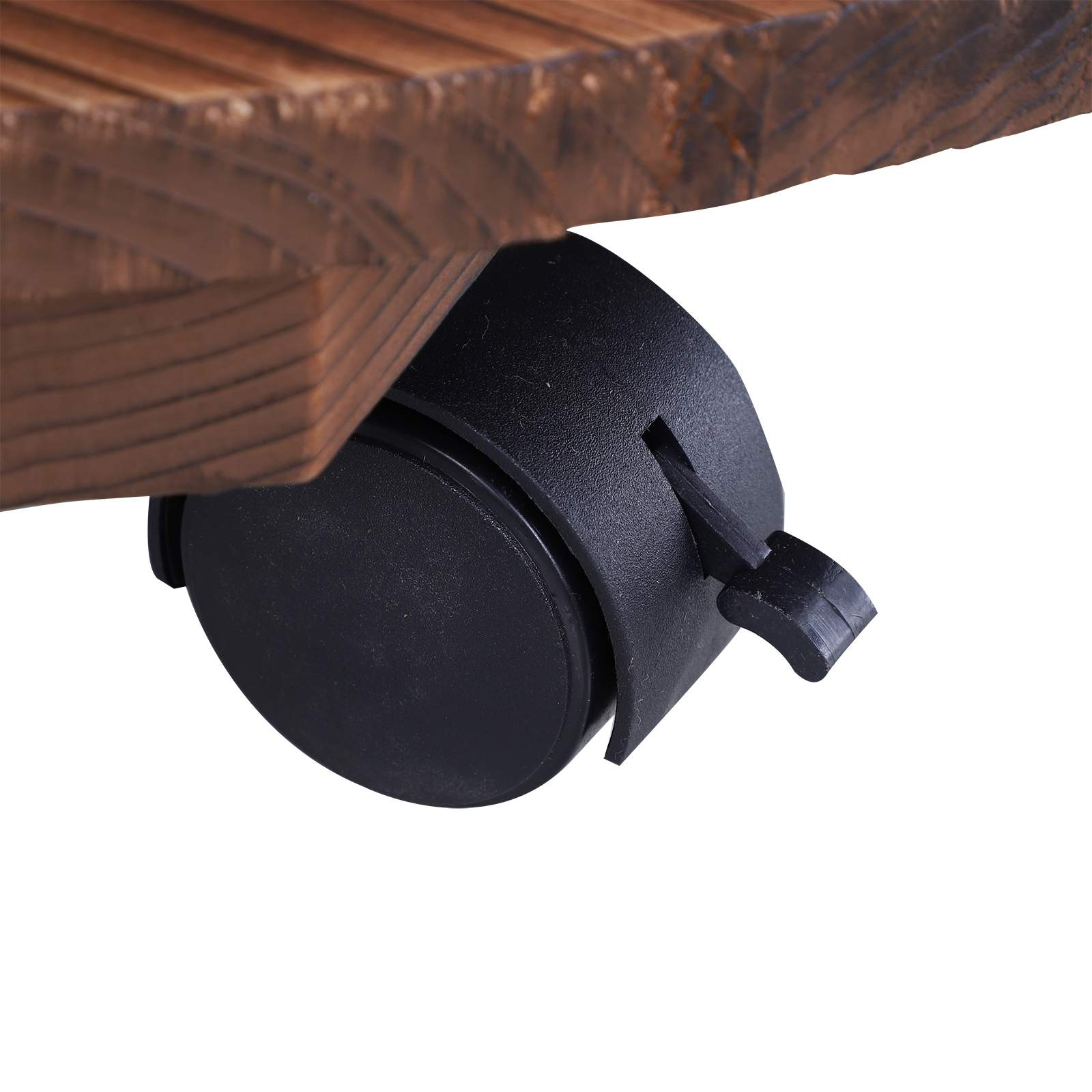 Nahaufnahme eines schwarzen Rades, das an einer Holzbasis befestigt ist. Das Rad hat einen Verriegelungsmechanismus.