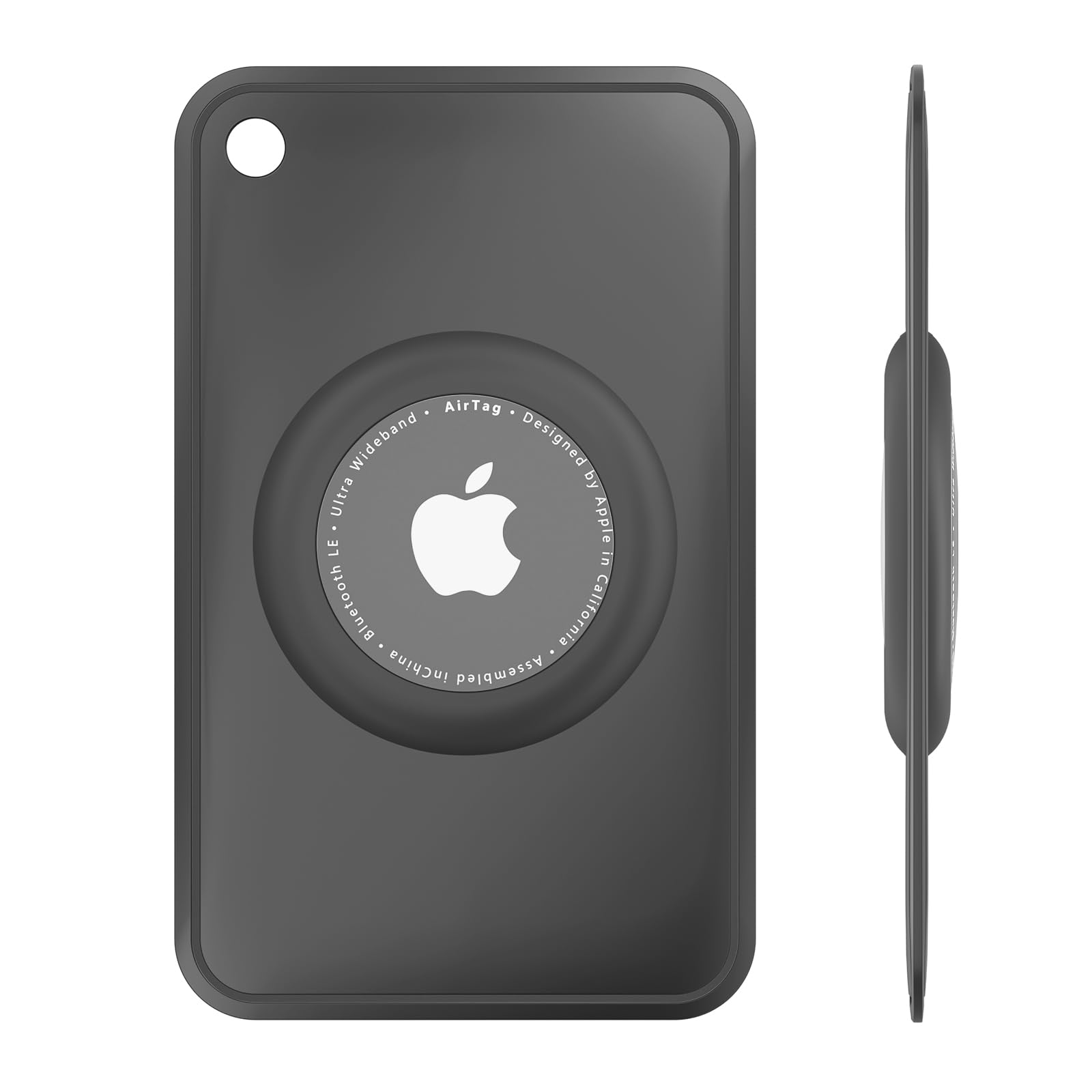 Eine schwarze AirTag-Hülle mit Apple-Logo, Seitenansicht, die das schlanke Profil des Geräts zeigt.