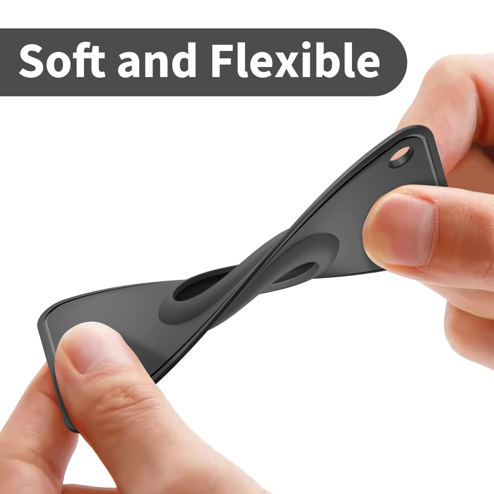 Zwei Hände halten einen schwarzen, flexiblen Tag. Text sagt 'Soft and Flexible'.