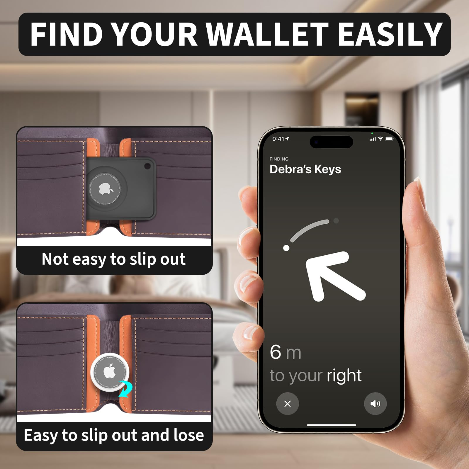 Ein Telefonbildschirm zeigt eine Schlüsselfinder-App mit einer Karte. Es gibt zwei Bilder einer Brieftasche mit Tracker.