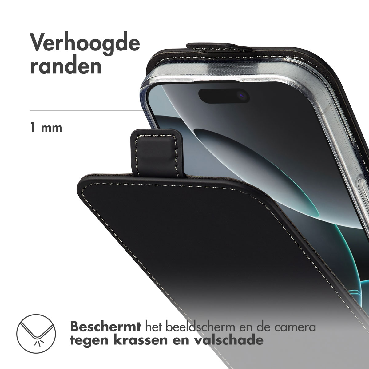Un primo piano di una custodia per telefono nera che protegge un telefono, che mostra bordi rialzati e lo schermo.