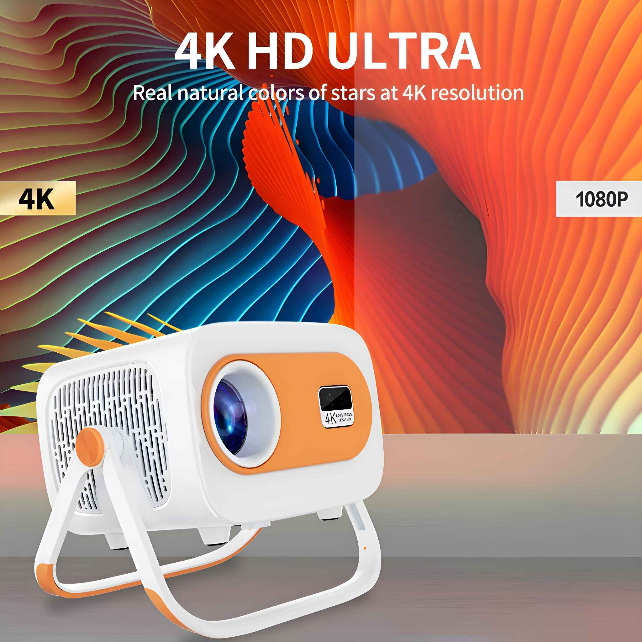 Ein weißer und orangefarbener Projektor. Der Bildschirm zeigt ein 4K-Bild. Der Text oben lautet '4K HD ULTRA'.