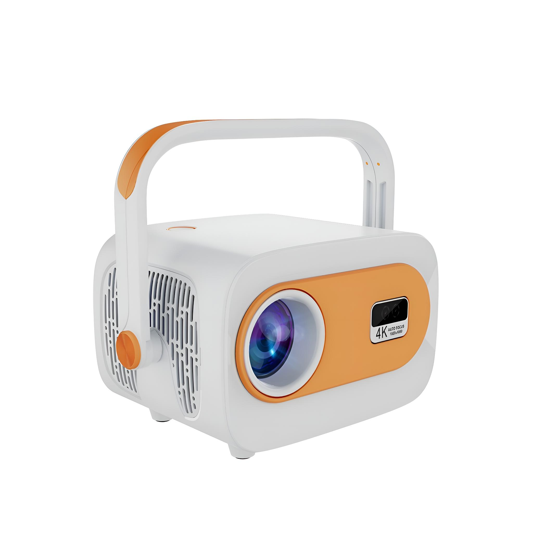 Weiß-oranger Projektor mit Griff. Es hat ein Objektiv und ein 4K-Display.