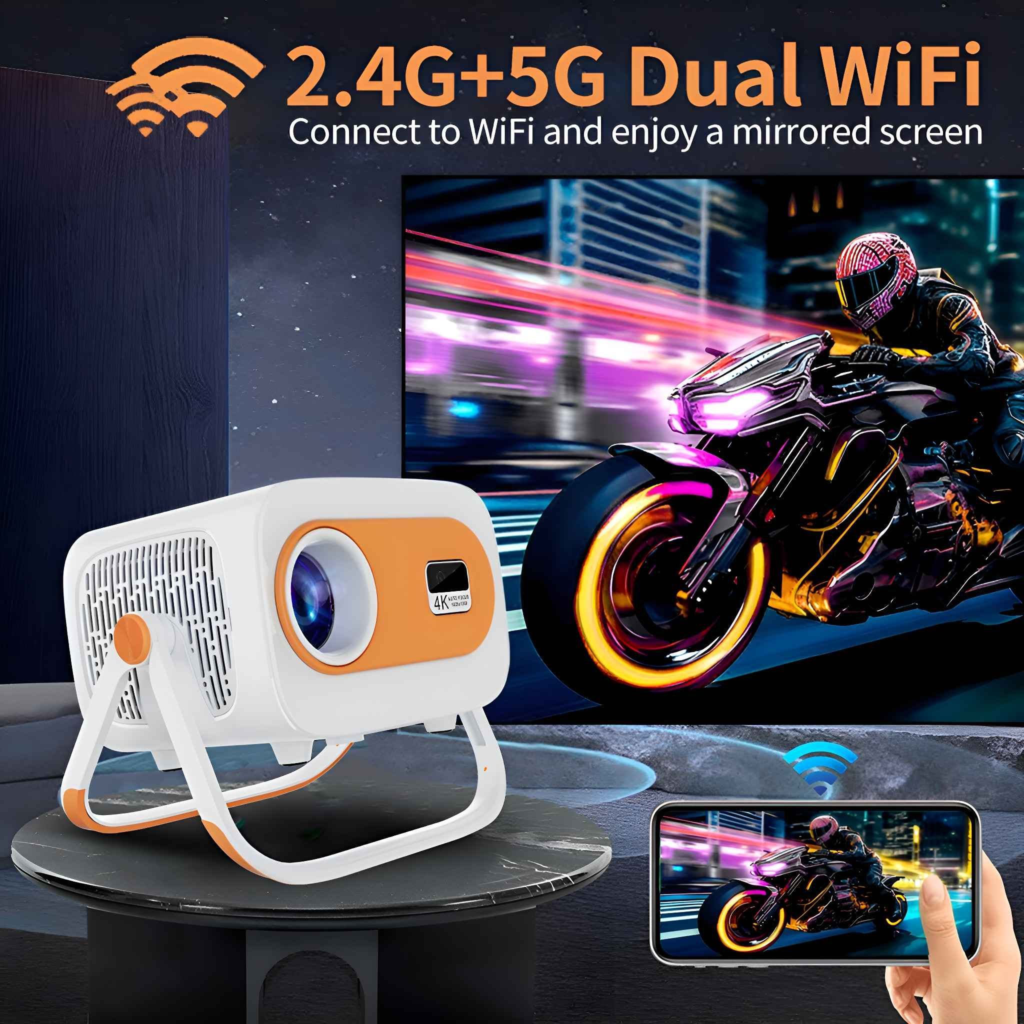 Ein weiß-oranger Projektor, der ein Motorradbild anzeigt, neben einem Telefon mit demselben Bild.