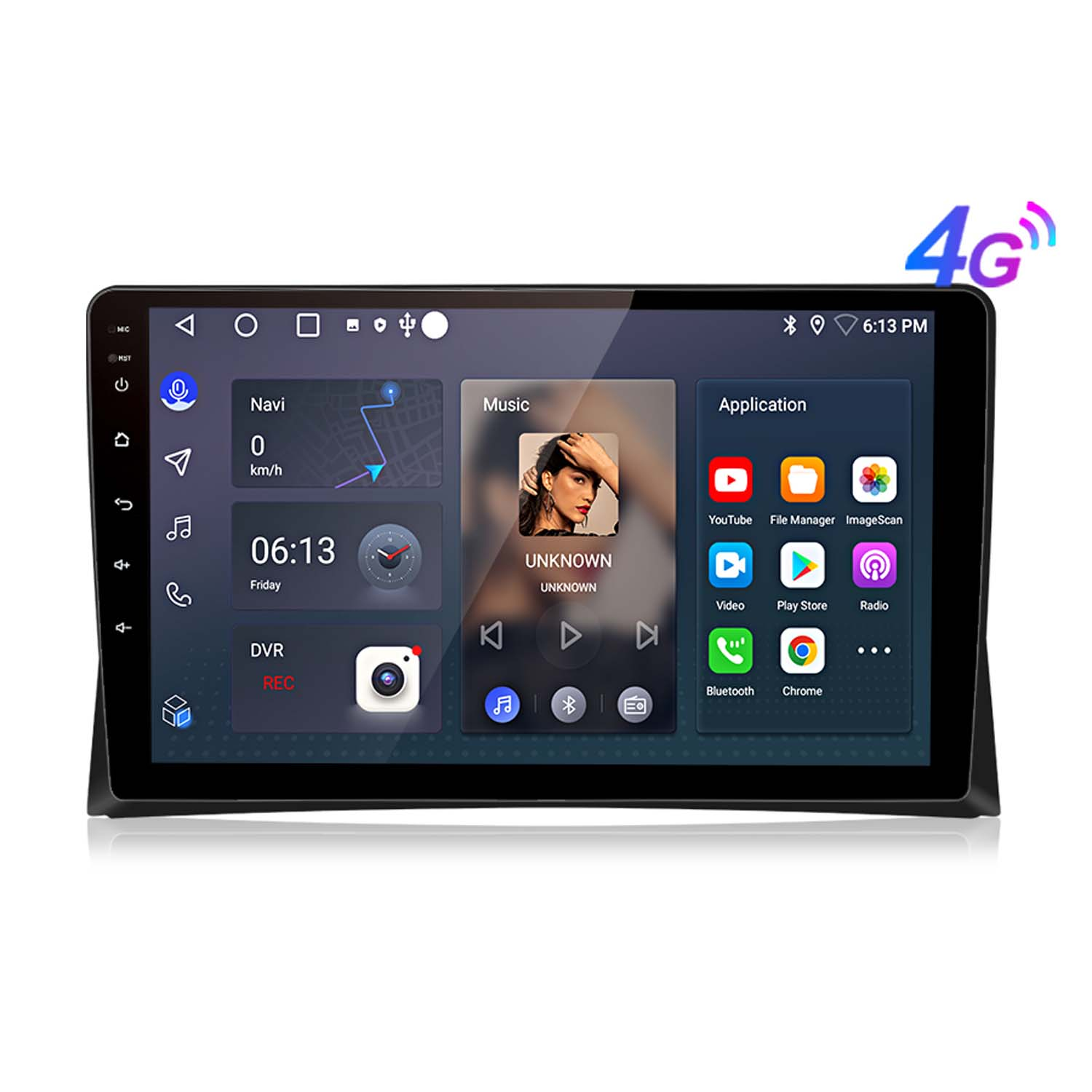 Ein Autoradio-System. Es hat einen Touchscreen mit App-Symbolen und Musiksteuerungen. Eine Navigationskarte ist sichtbar.