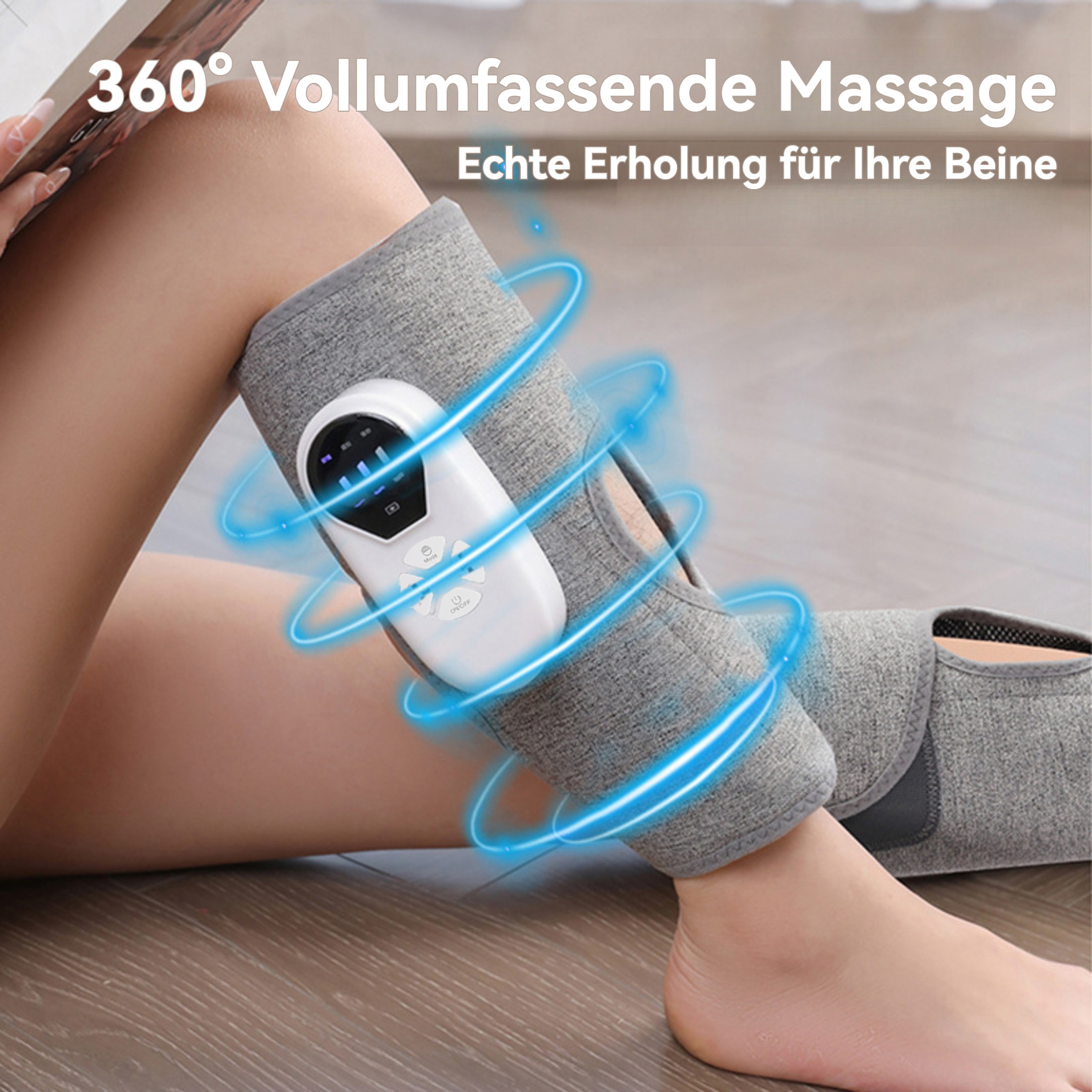 Eine Person trägt ein Beinmassagegerät. Ein Bedienfeld befindet sich am Beinmassagegerät.