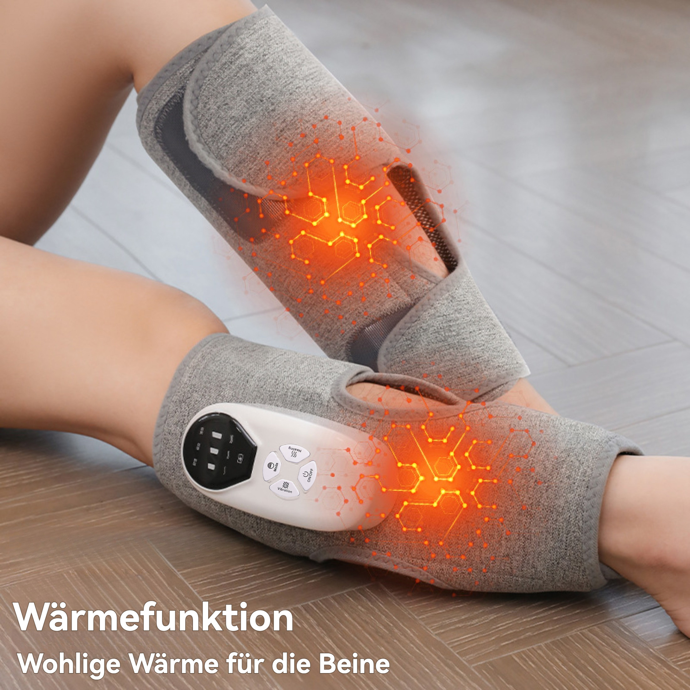 Beinmassagegeräte mit Wärmefunktion, an Beinen gezeigt. Das Bild zeigt die Massagegeräte mit rotem, leuchtendem Wärmeeffekt.