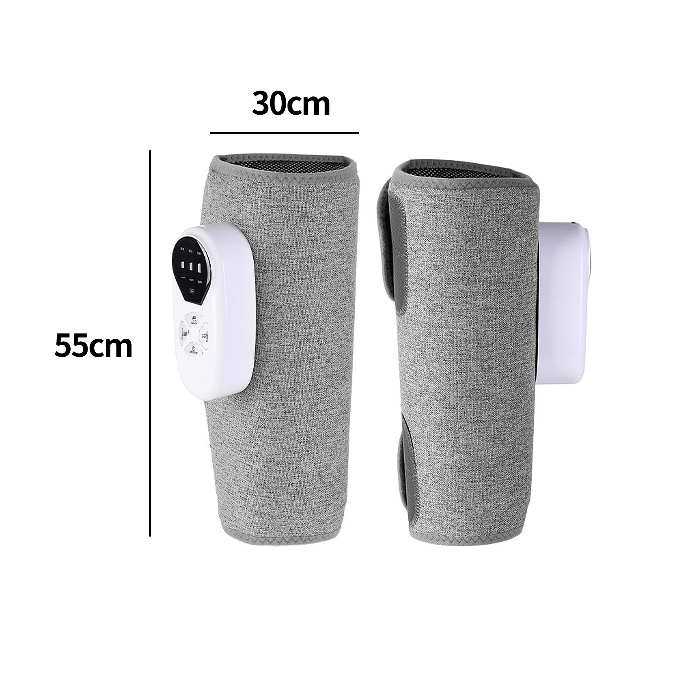 Zwei Beinmassagegeräte mit Abmessungen: 30 cm Breite, 55 cm Höhe. Sie sind grau mit Bedienfeldern an der Seite.