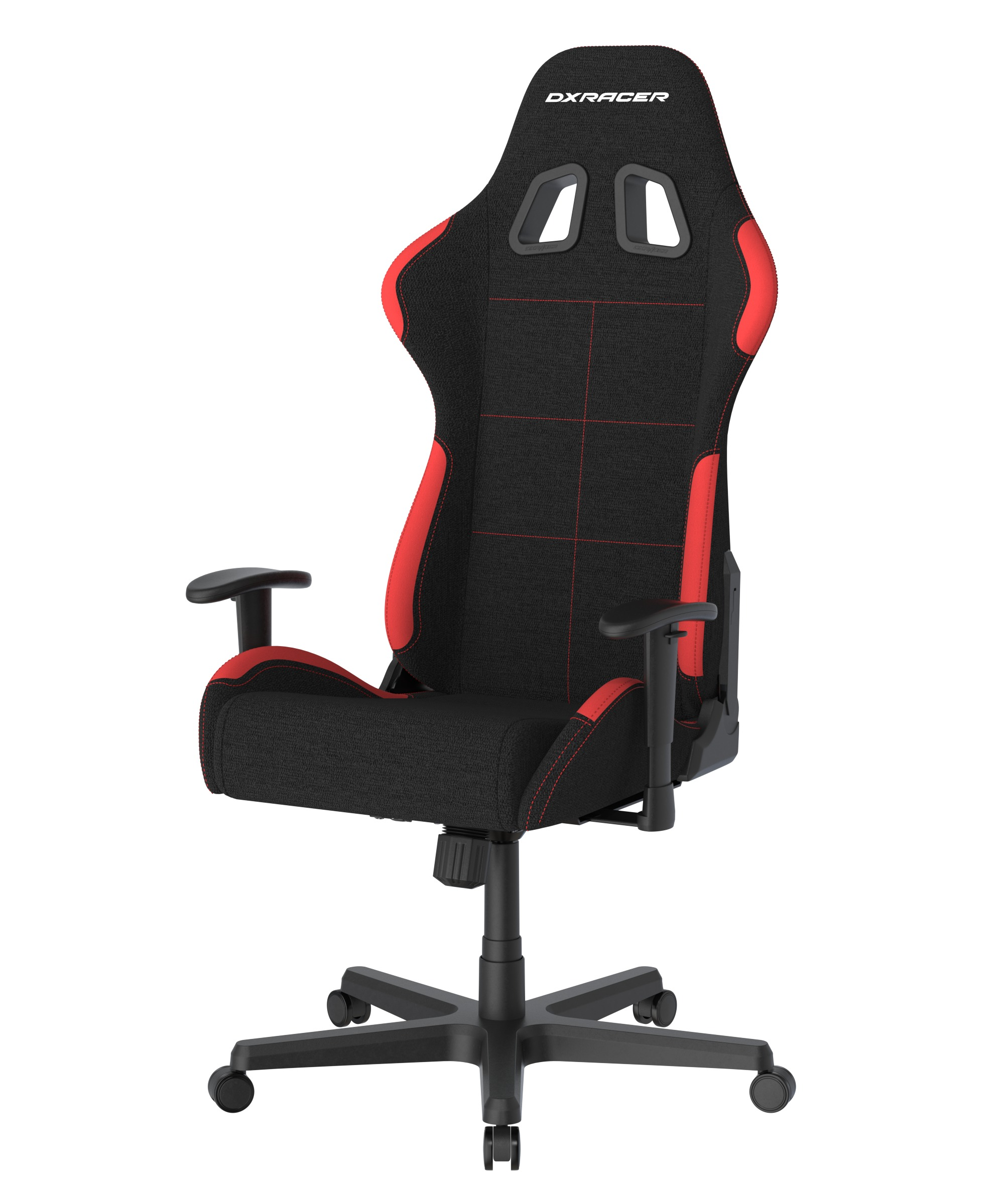 Ein schwarz-roter Gaming-Stuhl mit hohem Rücken. Er steht vor einem weißen Hintergrund.