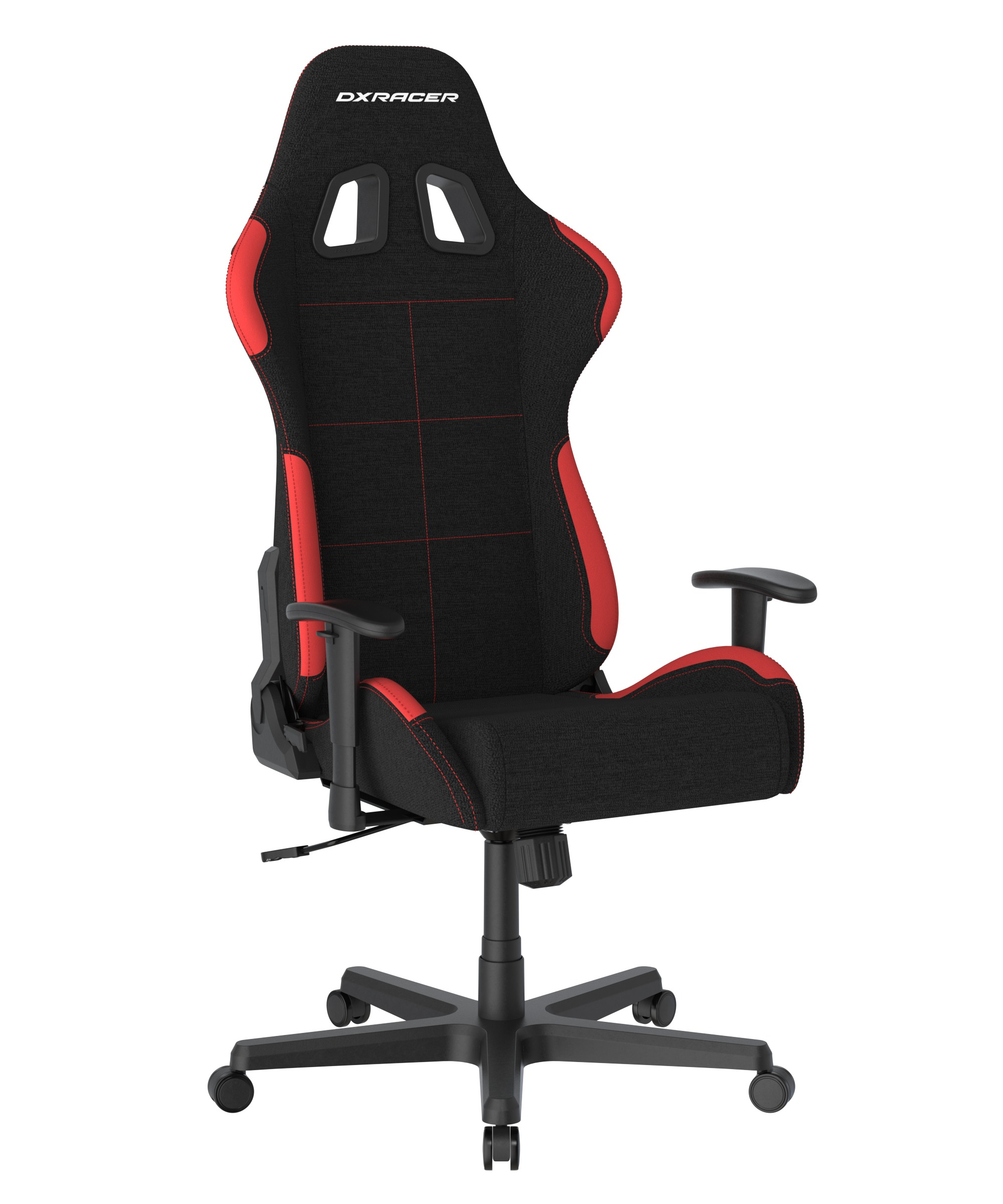 Schwarz-roter Gaming-Stuhl mit schwarzem Gestell und Rollen. Rote Akzente an den Seiten.