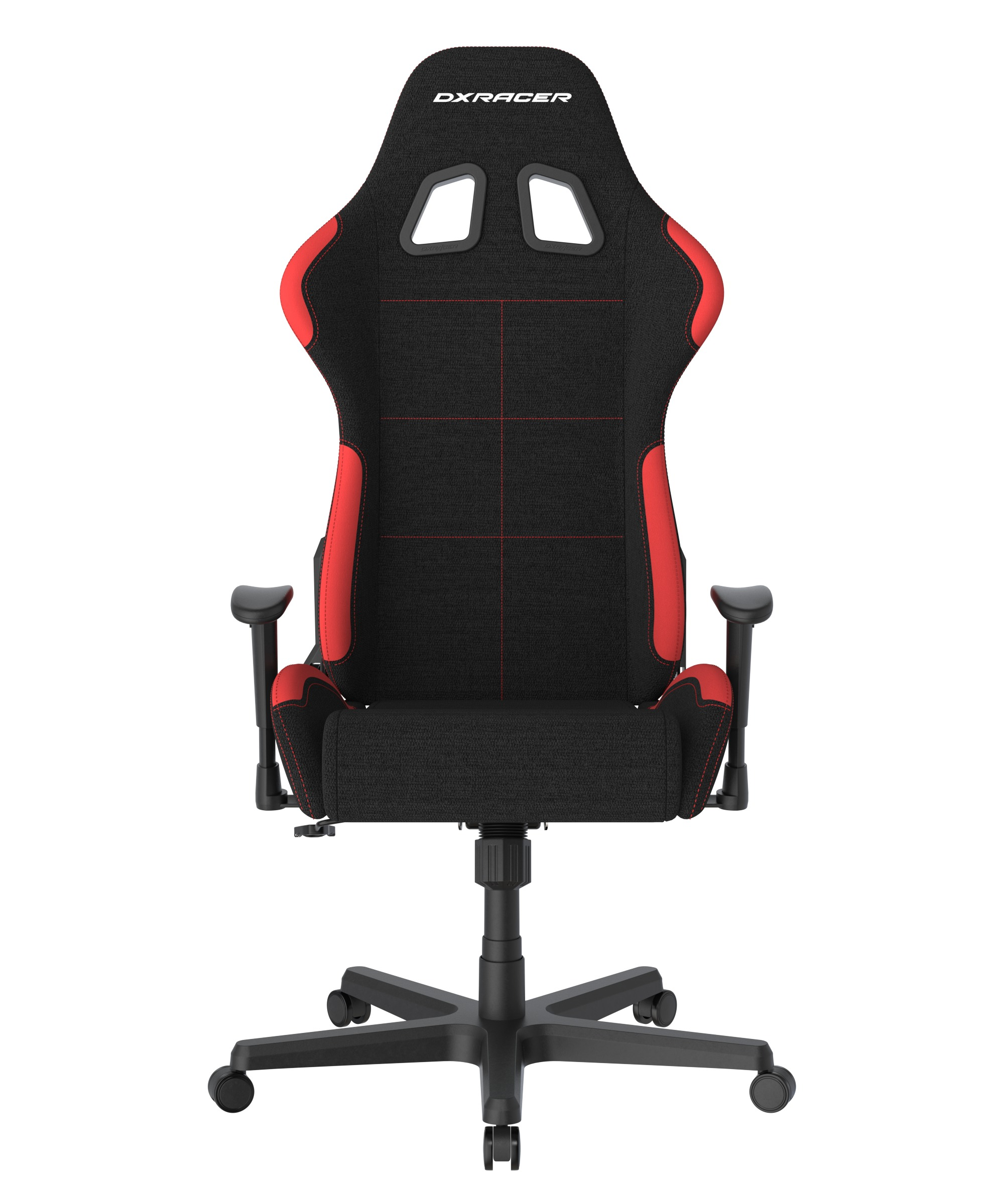 Ein schwarz-roter Gaming-Stuhl, Vorderansicht. Er steht vor einem weißen Hintergrund.