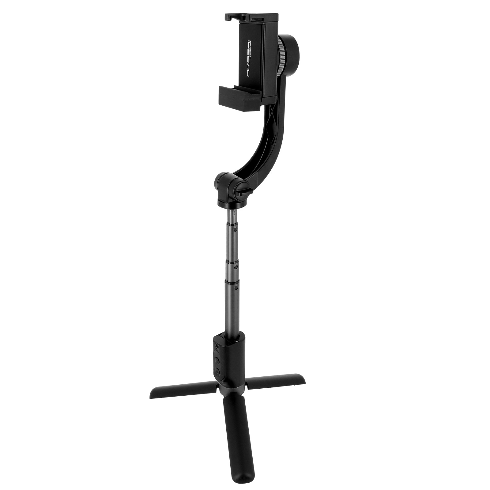 Trípode negro para teléfono, con soporte y brazo telescópico, sobre fondo blanco.