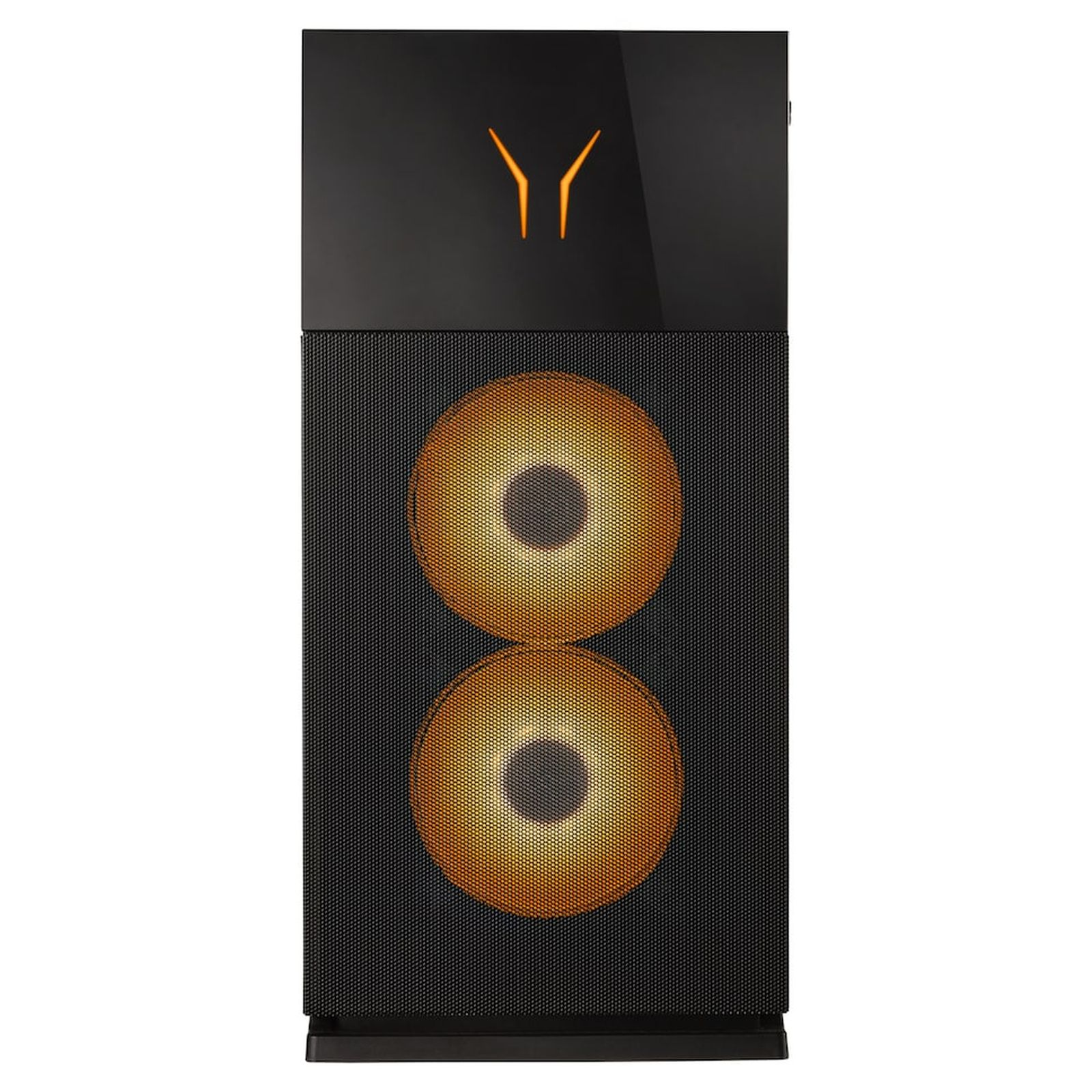Schwarzes Computergehäuse mit orangefarbener Beleuchtung hinter einer Mesh-Front. Verfügt über zwei kreisförmige Lichter.