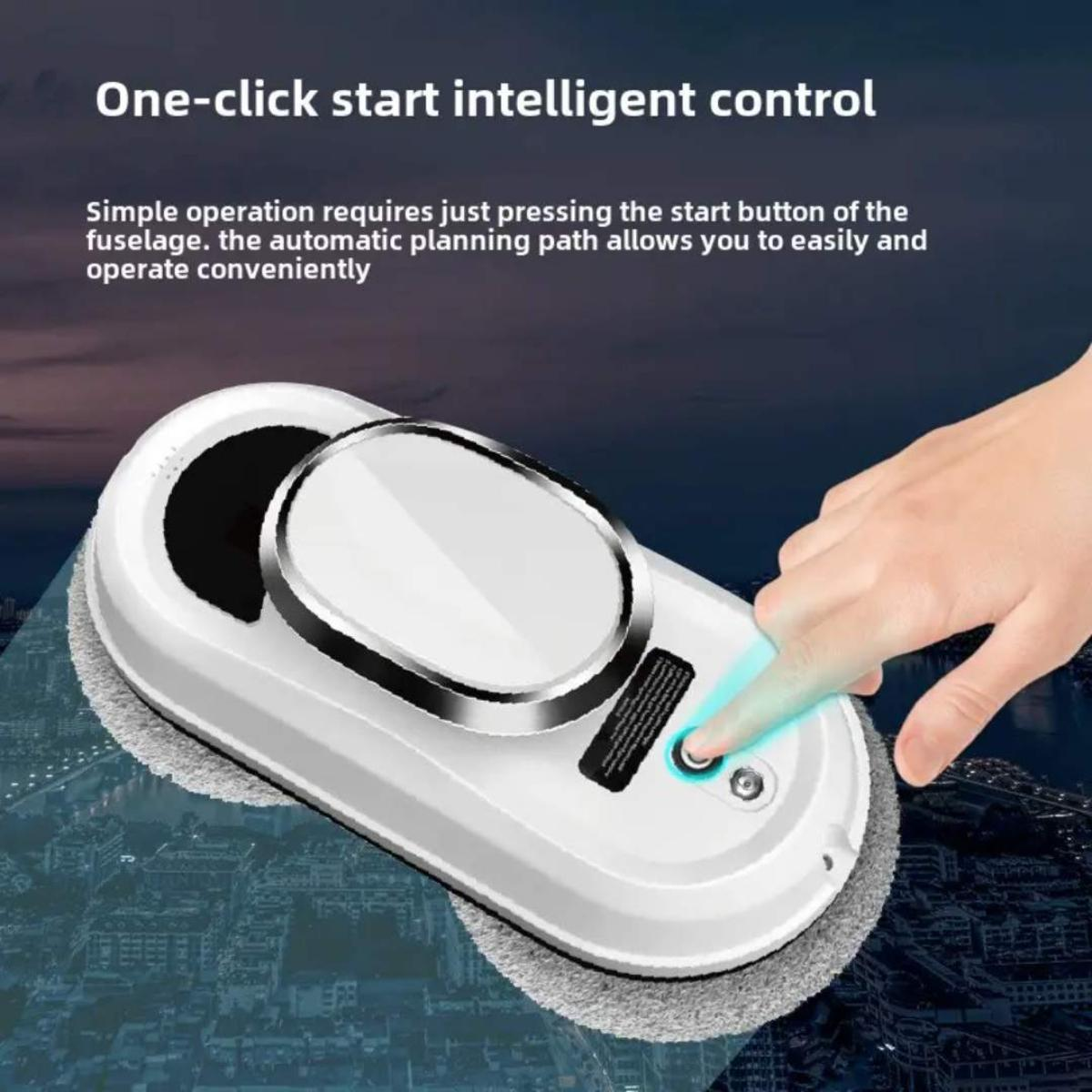 Eine Hand, die einen Knopf an einem weißen Fensterputzroboter drückt.