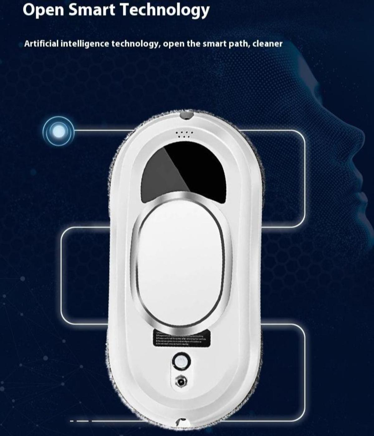 Ein weißer Fensterputzroboter mit Text und einer Gesichtssilhouette im Hintergrund.