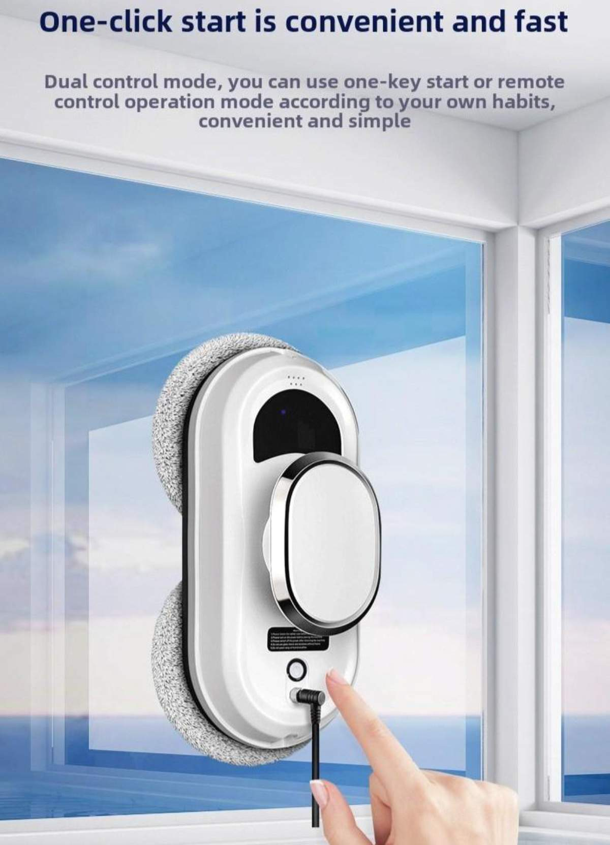 Ein Fensterputzroboter an einem Fenster. Eine Hand berührt das Glas. Text: One-click start is convenient.