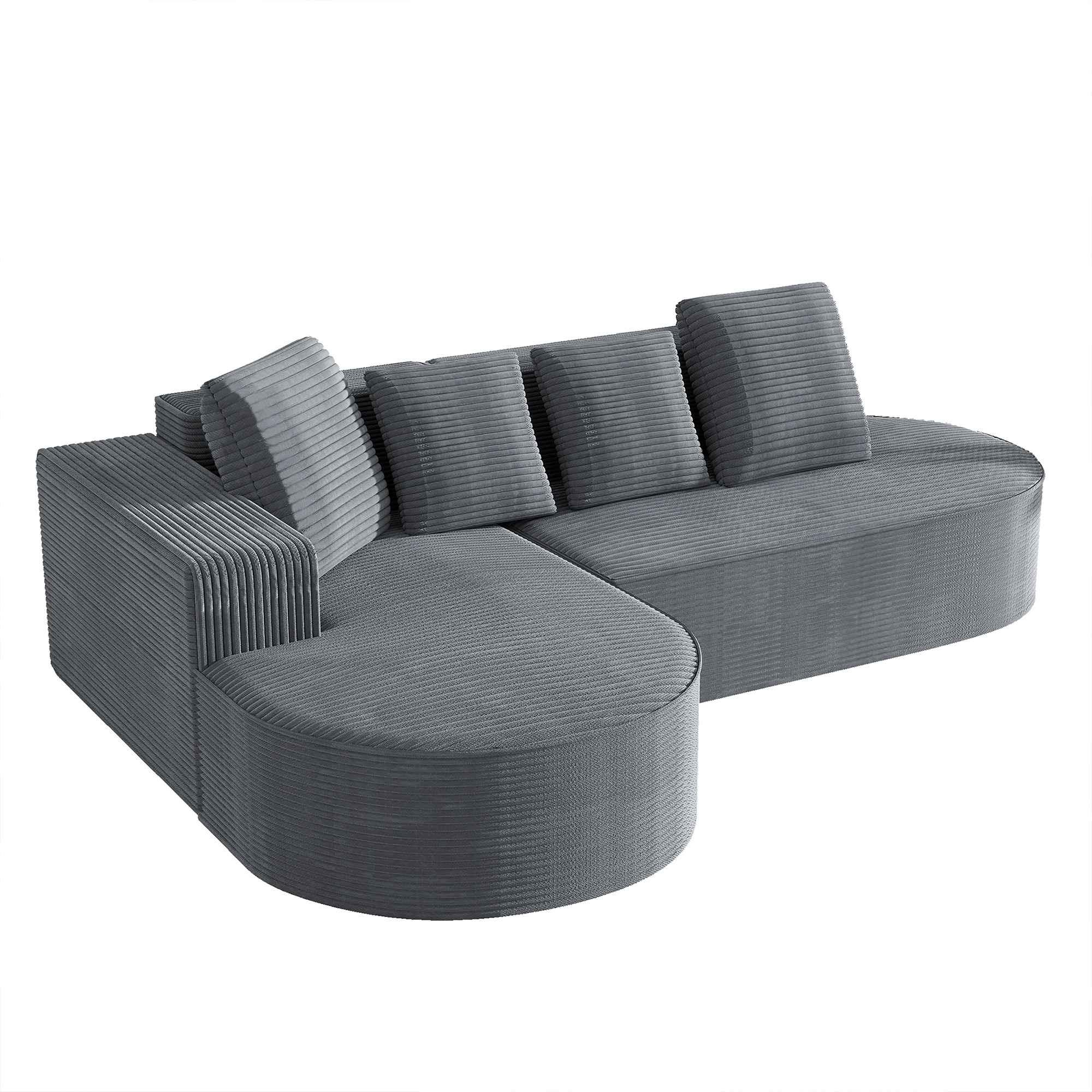 L-förmiges graues Ecksofa mit mehreren Kissen. Es ist eine Cordstruktur.