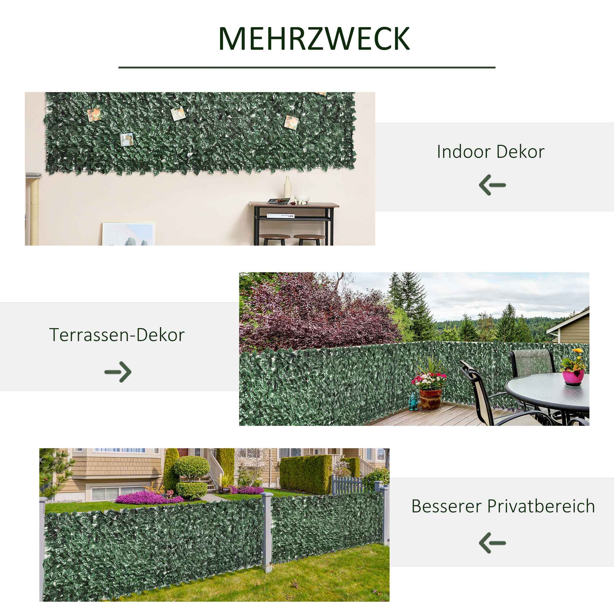 Eine Collage von Fotos, die verschiedene Verwendungen eines grünen Blattzauns in verschiedenen Außenbereichen zeigen.