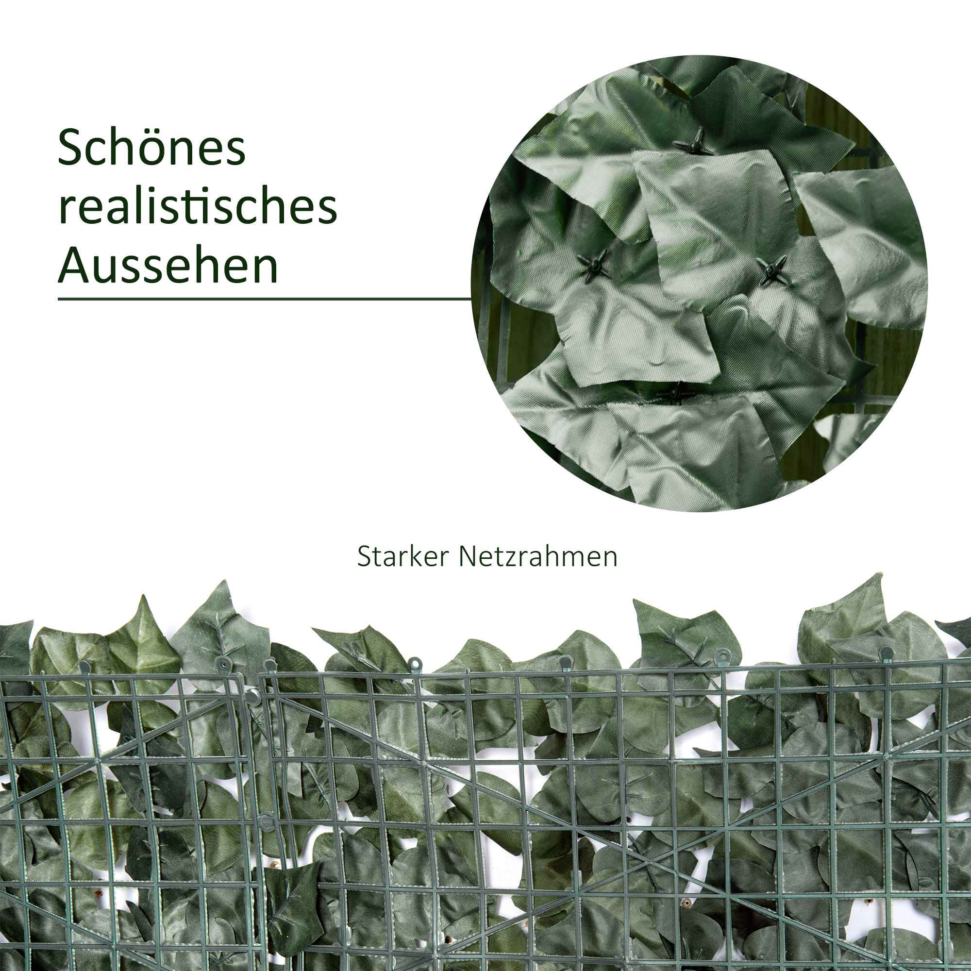 Nahaufnahme eines grünen Kunststoffzauns mit künstlichen Blättern. Text: „Schönes realistisches Aussehen“