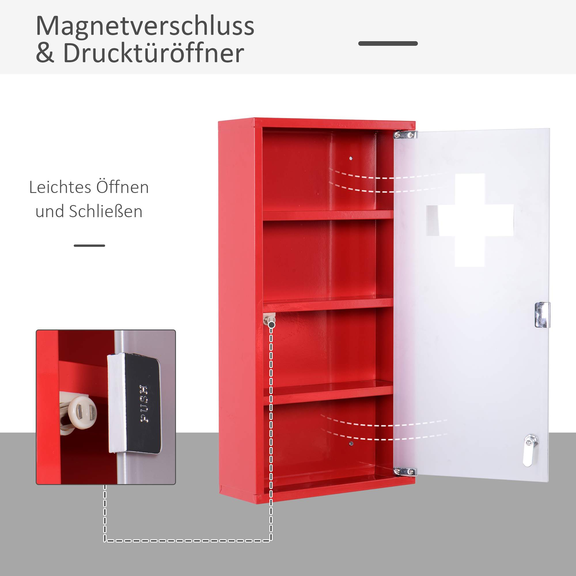 Roter Erste-Hilfe-Schrank mit offener Glastür, zeigt Regale. Text: Magnetverschluss & Drucktüröffner