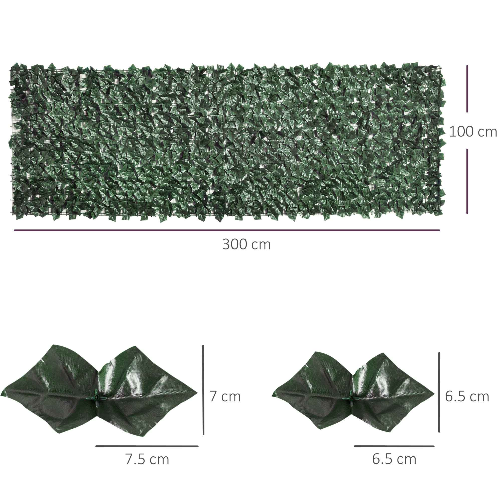 Grüner künstlicher Blätterzaun, 300 cm breit, 100 cm hoch. Enthält Nahaufnahmen der Blätter und Abmessungen.
