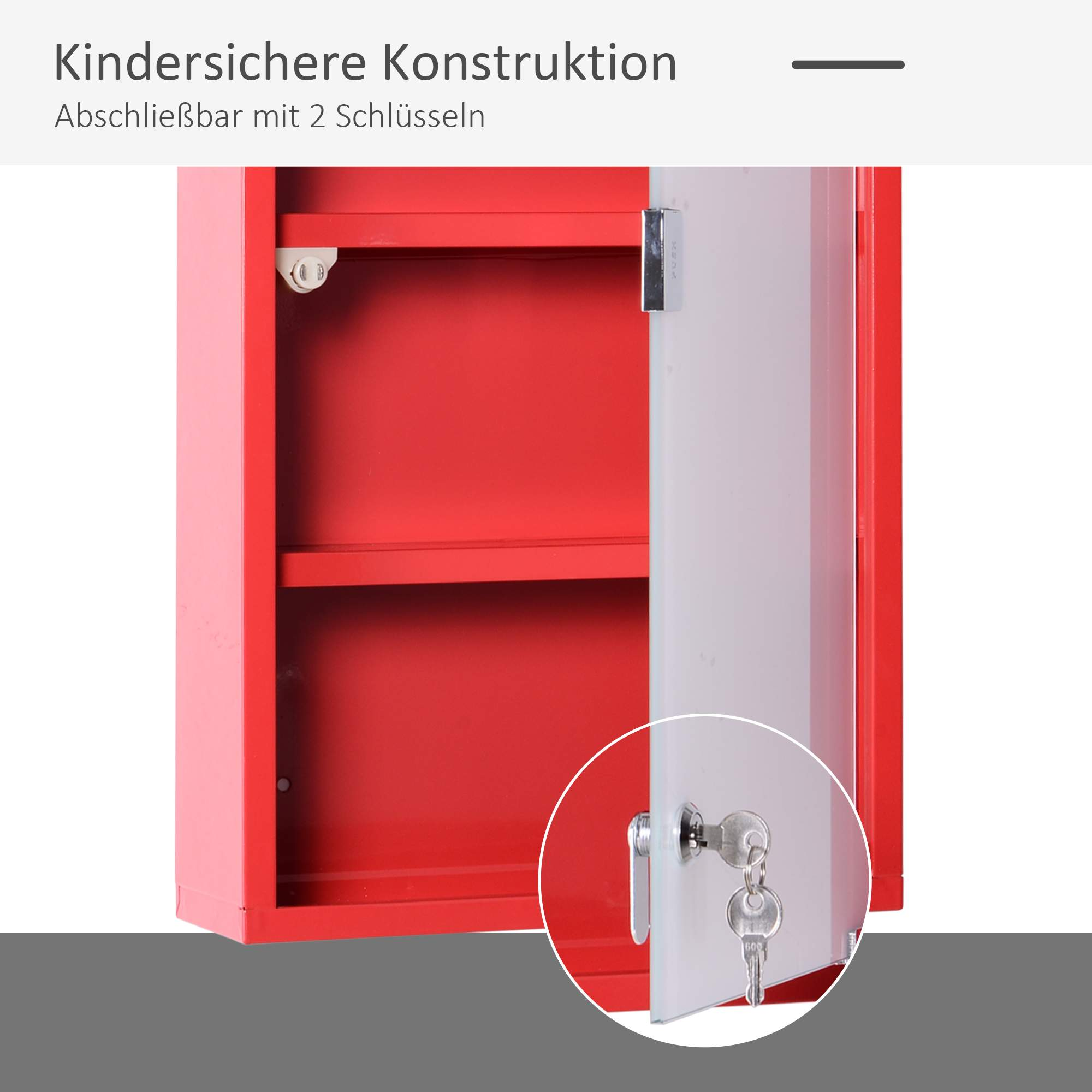 Roter Metallschrank, offene Tür mit Schlüsseln. Regale innen, Sicherheitsmerkmal, abschließbar mit zwei Schlüsseln.