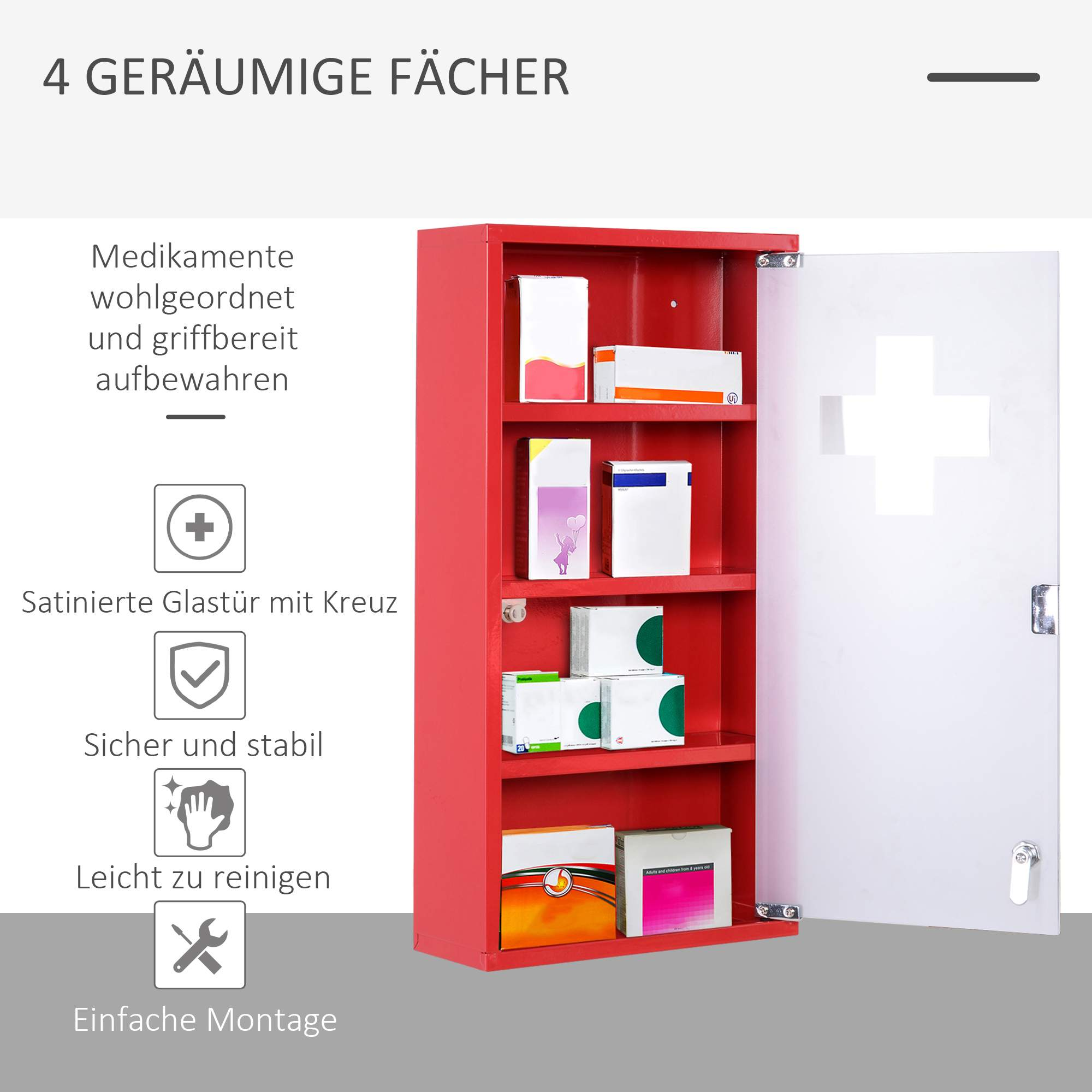 Ein roter Metall-Medizinschrank mit Glastür und weißem Kreuz. Der Schrank ist offen, Regale mit Gegenständen.