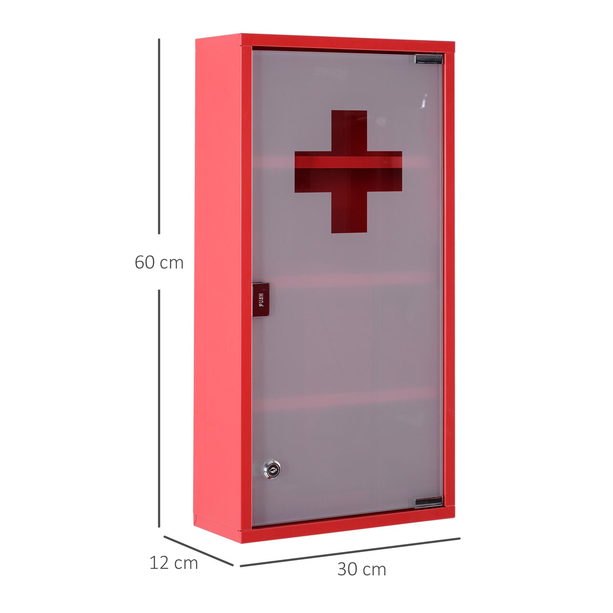 Roter Erste-Hilfe-Schrank mit rotem Kreuz auf der Glastür, Maße an der Seite beschriftet.