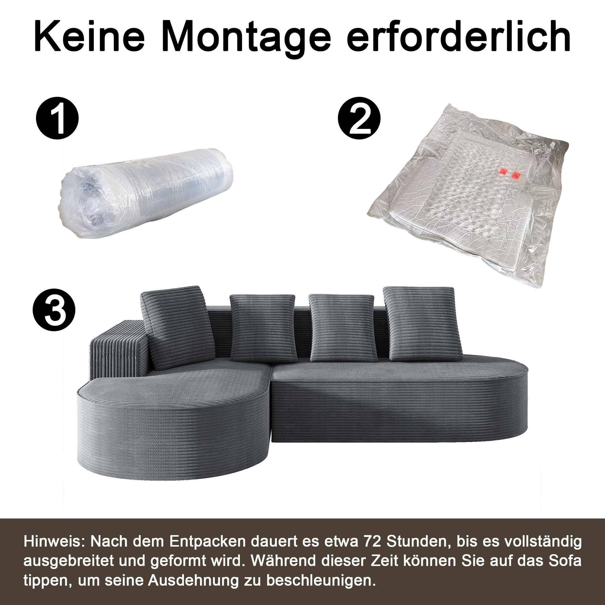 Drei Artikel: eine Rolle Plastik, gefalteter Stoff und ein graues Ecksofa, mit Anweisungen.