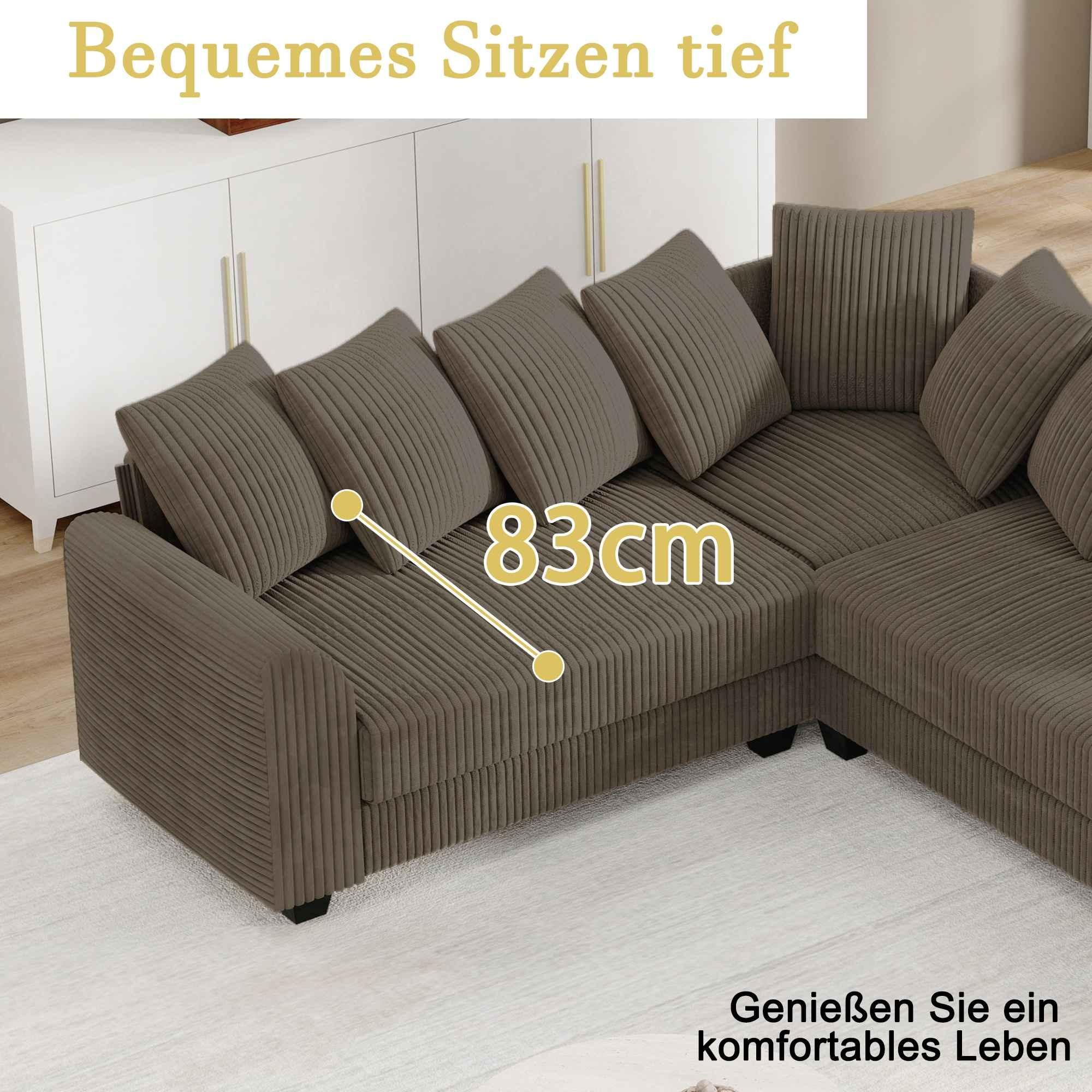 Ein braunes Ecksofa mit Kissen, mit einer Höhenmessung von 83 cm.
