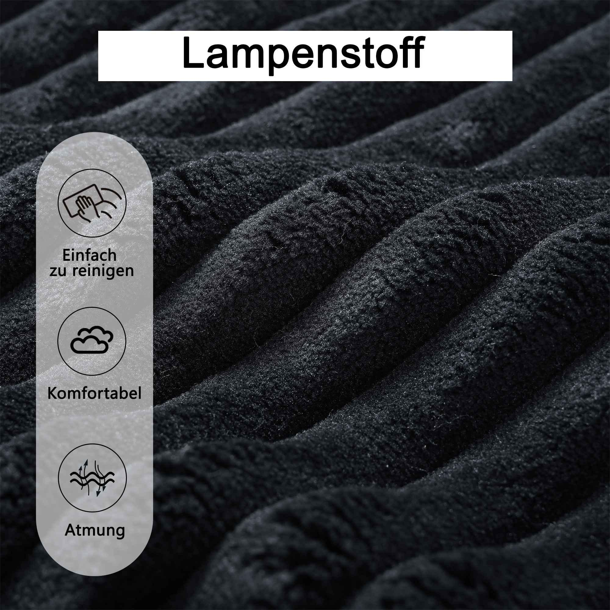 Nahaufnahme von grauem, strukturiertem Stoff mit Symbolen für einfache Reinigung, Komfort und Atmungsaktivität.