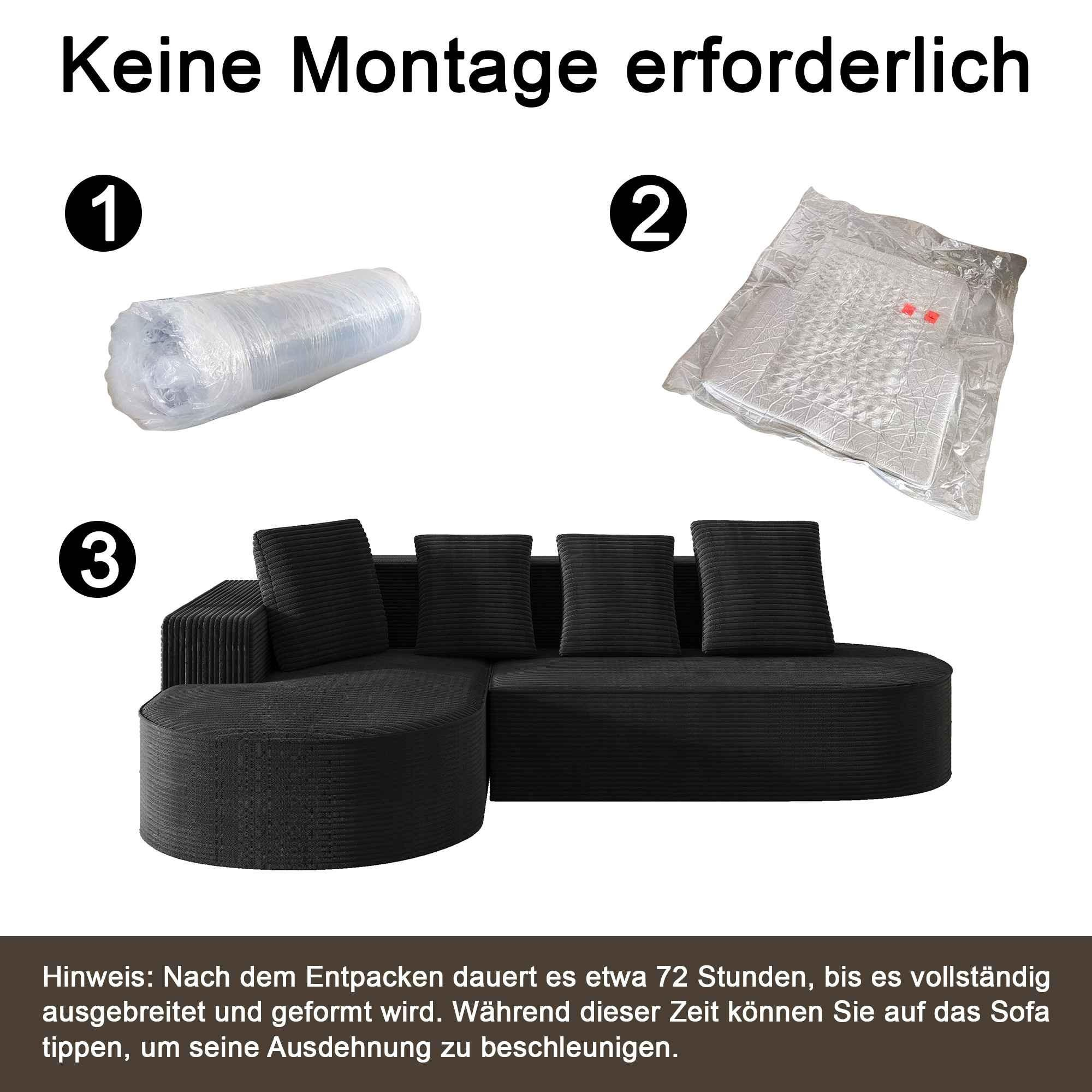 Bild eines L-förmigen schwarzen Sofas, mit drei verpackten Artikeln und Montageanleitung.