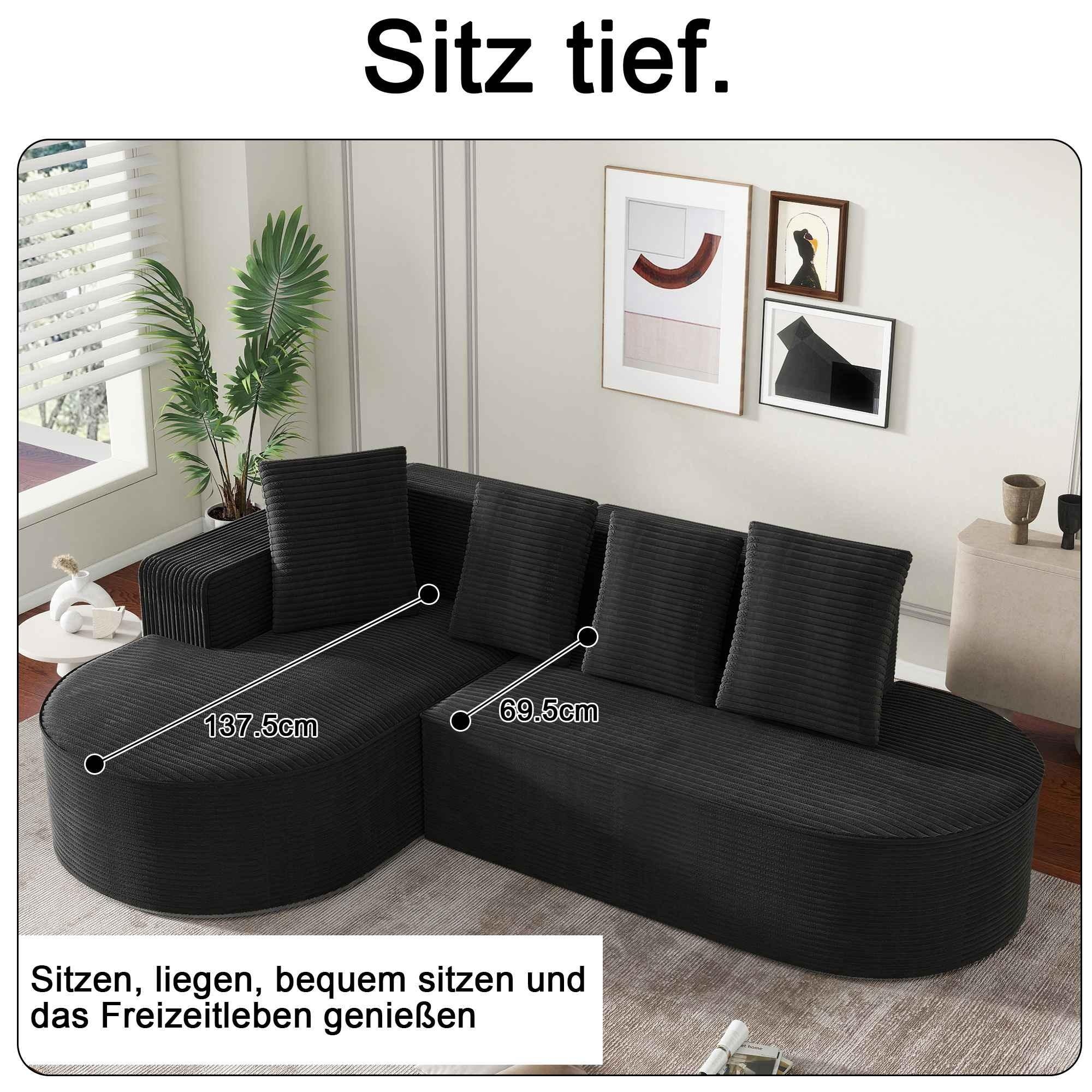 Schwarzes L-förmiges Sofa mit Maßen. Das Bild zeigt die Sitztiefe und die Maße des Sofas.