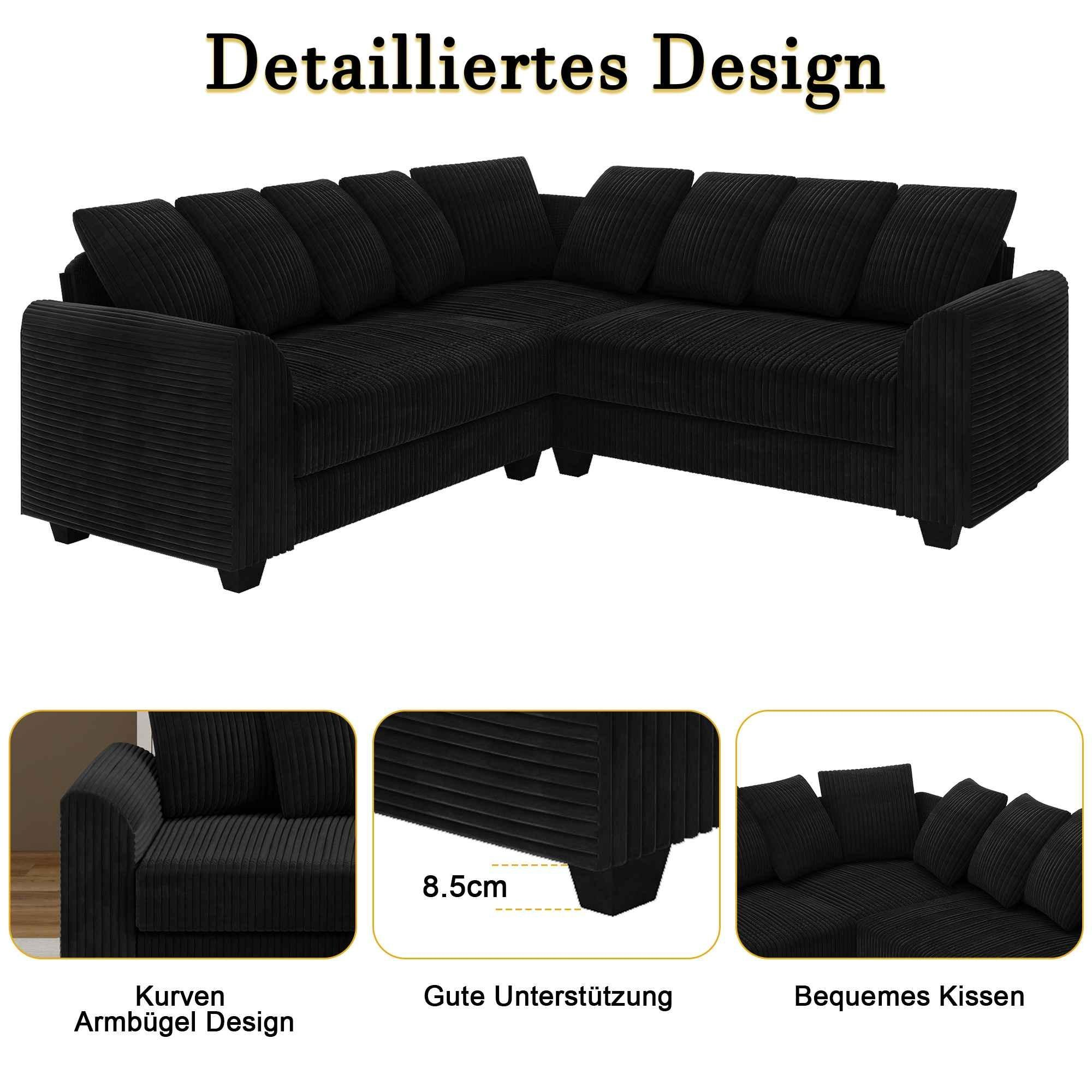 Schwarzes L-förmiges Sofa mit detailliertem Design, einschließlich geschwungener Armlehnen und bequemen Kissen.