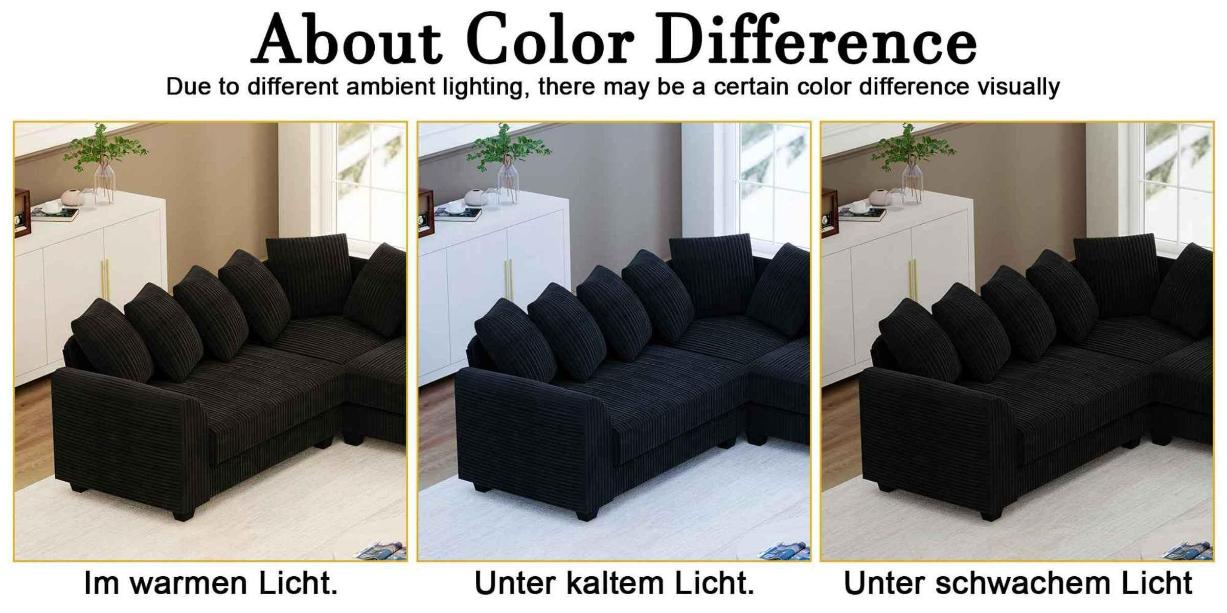 Bild zeigt das Sofa unter verschiedenen Lichtverhältnissen, wobei Farbunterschiede je nach Licht hervorgehoben werden.